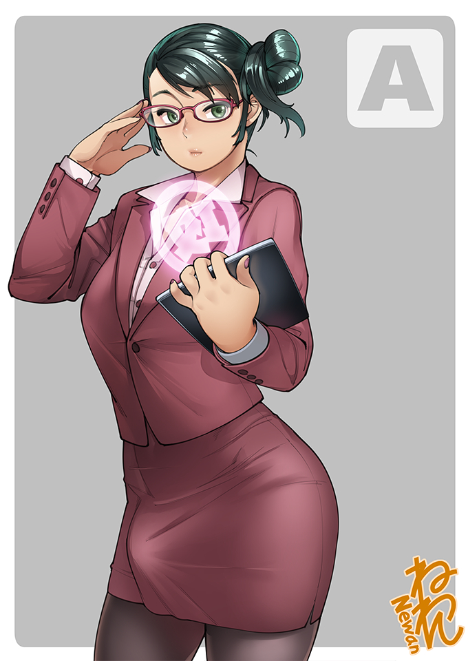 1futa breasts bulge button_down_shirt clothed clothing coat device erection erection_under_clothes fully_clothed futa_only futanari glasses green_eyes green_hair human implied_futanari light-skinned_futanari light_skin neone-x pantyhose pencil_skirt short_hair skirt solo standing