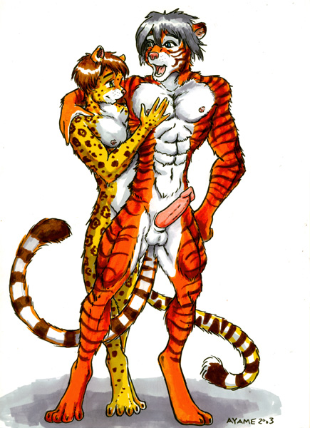 2003 2boys anthro arousal aroused ayame_emaya duo erect_penis erection felid feline furry gay male male/male male_focus male_only nipples penis standing testicles tiger yaoi