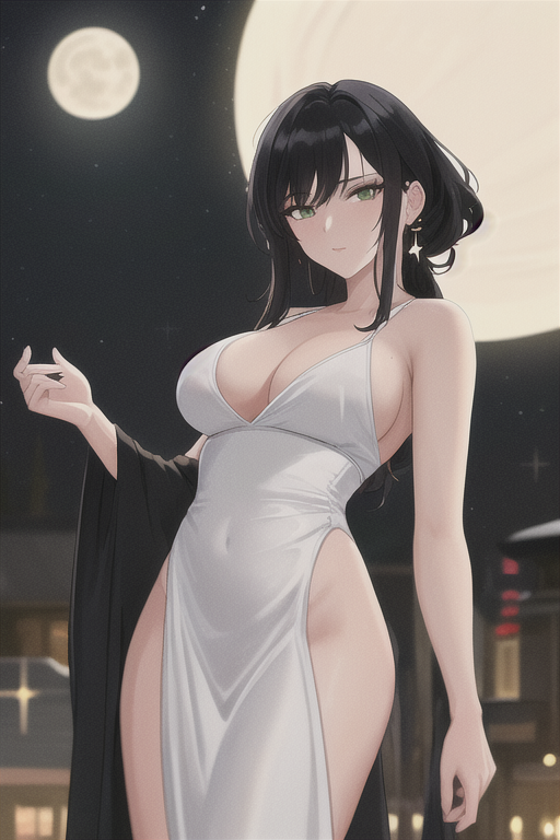 1girls ai_generated black_hair breasts cleavage female green_eyes large_breasts late_night looking_at_viewer moonlight see-through see-through_clothing stable_diffusion white_dress