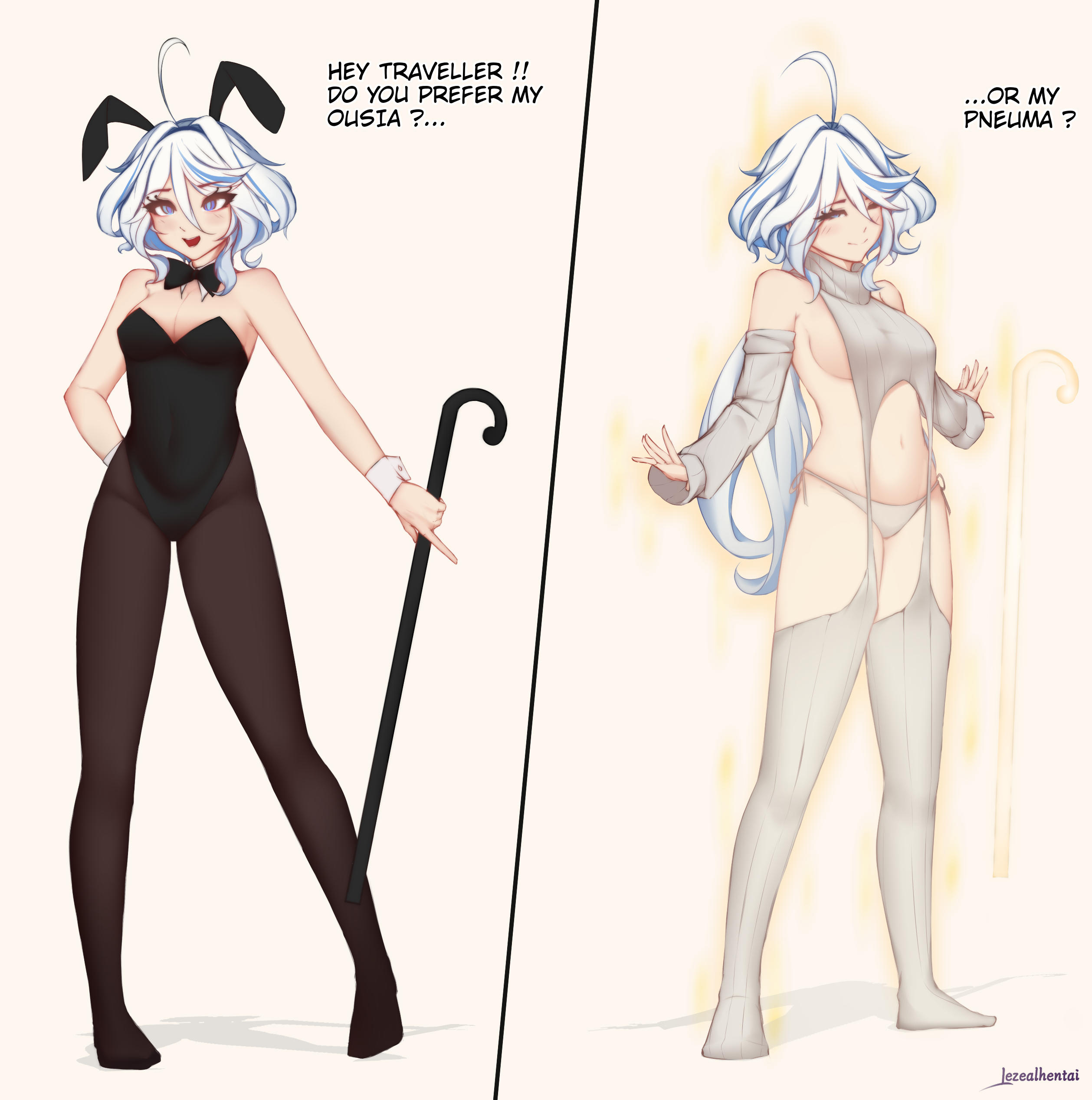 blue eyes, blue hair, bunny ears, bunnysuit, female, furina (genshin impact), genshin impact, simple background, solo female, virgin destroyer sweater, virgin killer sweater