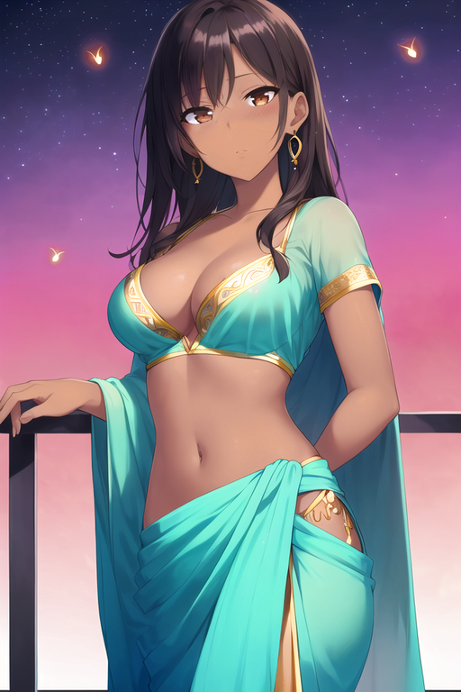 ai_generated balcony blue_clothing brown_eyes brown_hair cleavage dark-skinned_female earrings firefly indian indian_female looking_at_viewer medium_breasts night night_sky original_character sari