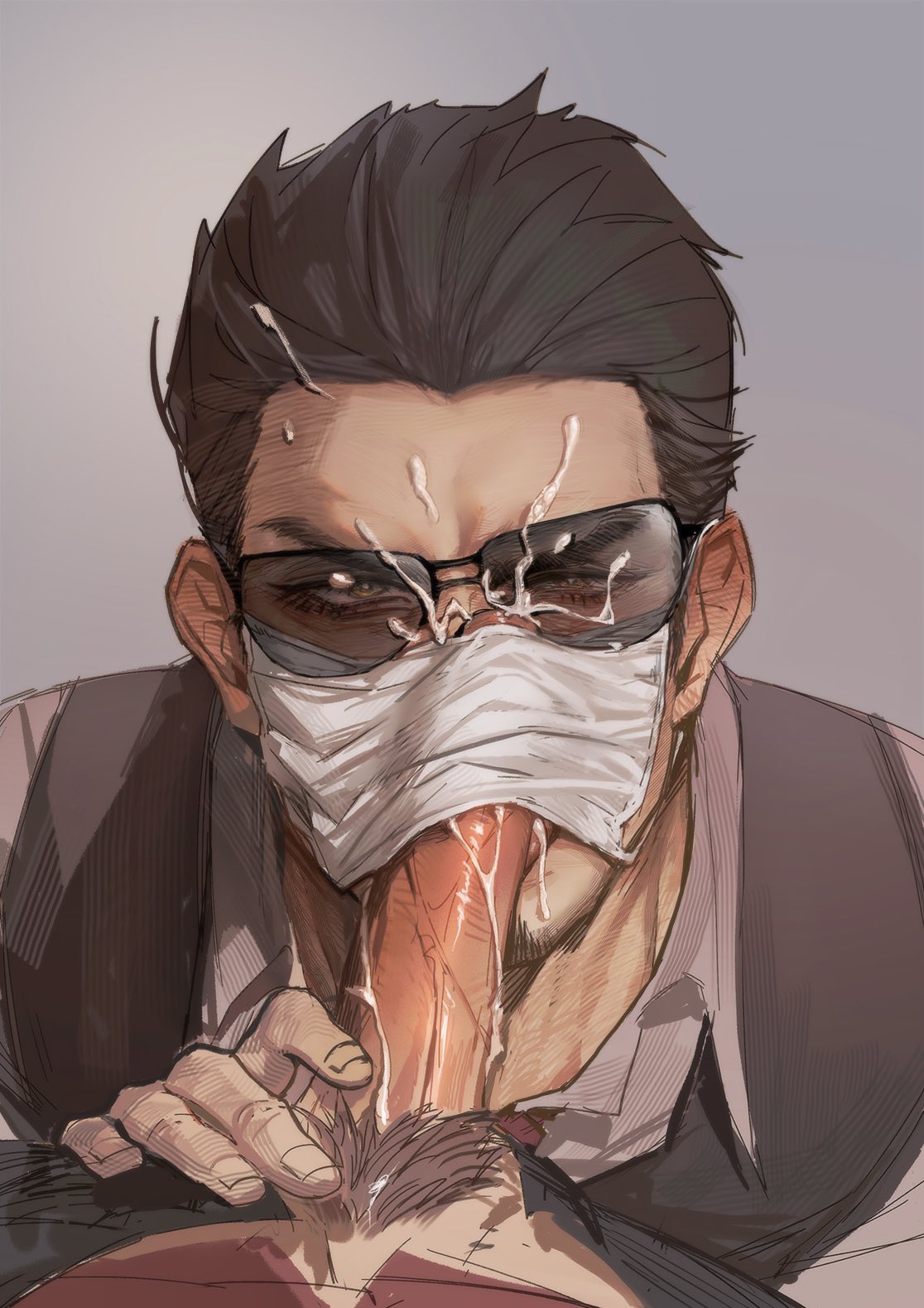 2boys bara black_hair couple cum cum_on_eyewear cum_on_hair ejaculation eyelashes facial facial_hair fellatio gay goatee hair_slicked_back highres kiryu_kazuma licking licking_penis looking_at_viewer male_focus male_pubic_hair mask mouth_mask multiple_boys open_pants oral out_of_frame pants penis penis_on_face penis_under_mask pov pubic_hair ryuu_ga_gotoku ryuu_ga_gotoku_(series) short_hair solo_focus sunglasses tongue tongue_out uncensored upper_body wabwepgud yaoi