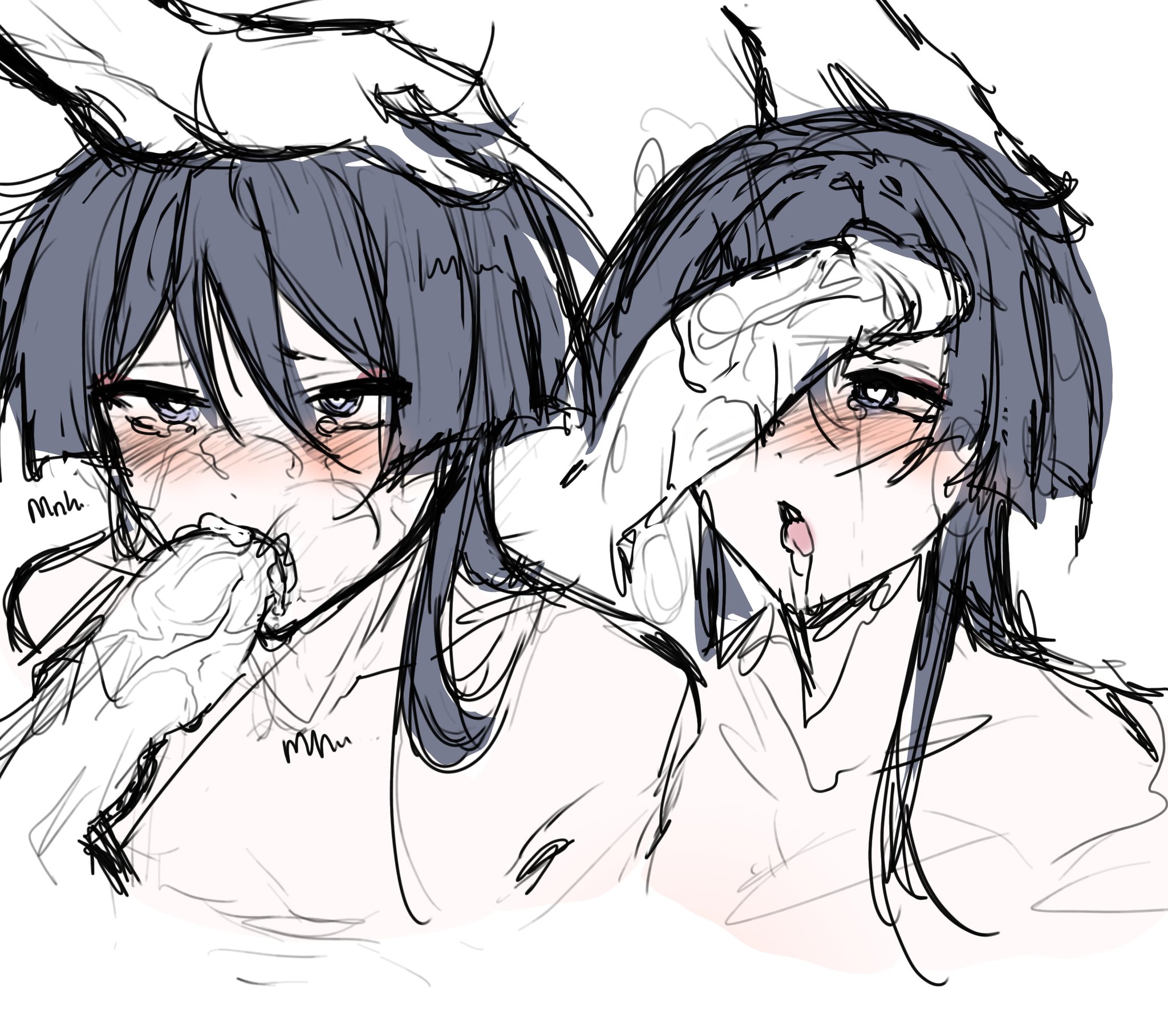 2boys, blowjob, blush, cum, cum in mouth, cum inside, cum on face, cum on tongue, dick on face, erection, femboy, gay, gay domination, genshin impact, girly, hand on head, head grab, male, male only, open mouth, oral, penis, scaramouche (genshin impact), tagme, tongue, tongue out, yaoi
