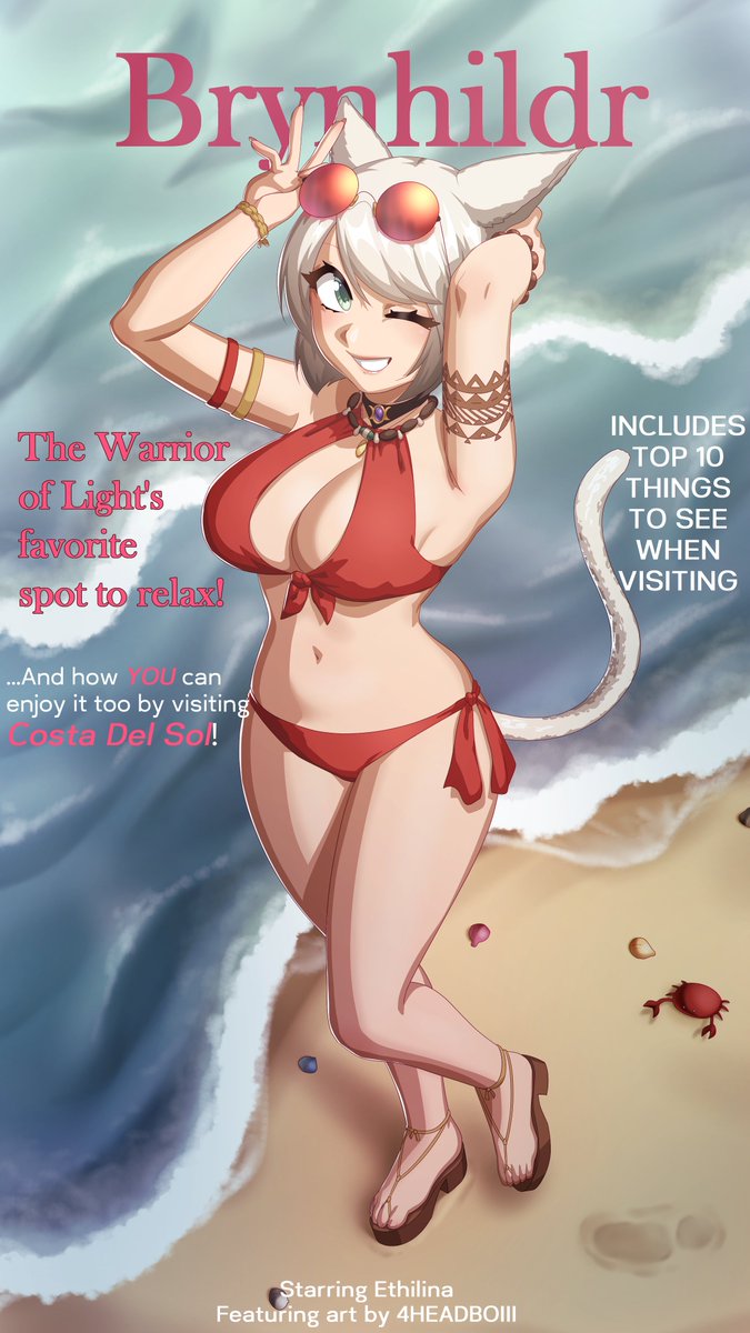 4headboiii beach bikini cat_ears cat_tail final_fantasy final_fantasy_xiv miqo'te solo_focus square_enix text warrior_of_light_(ff14)