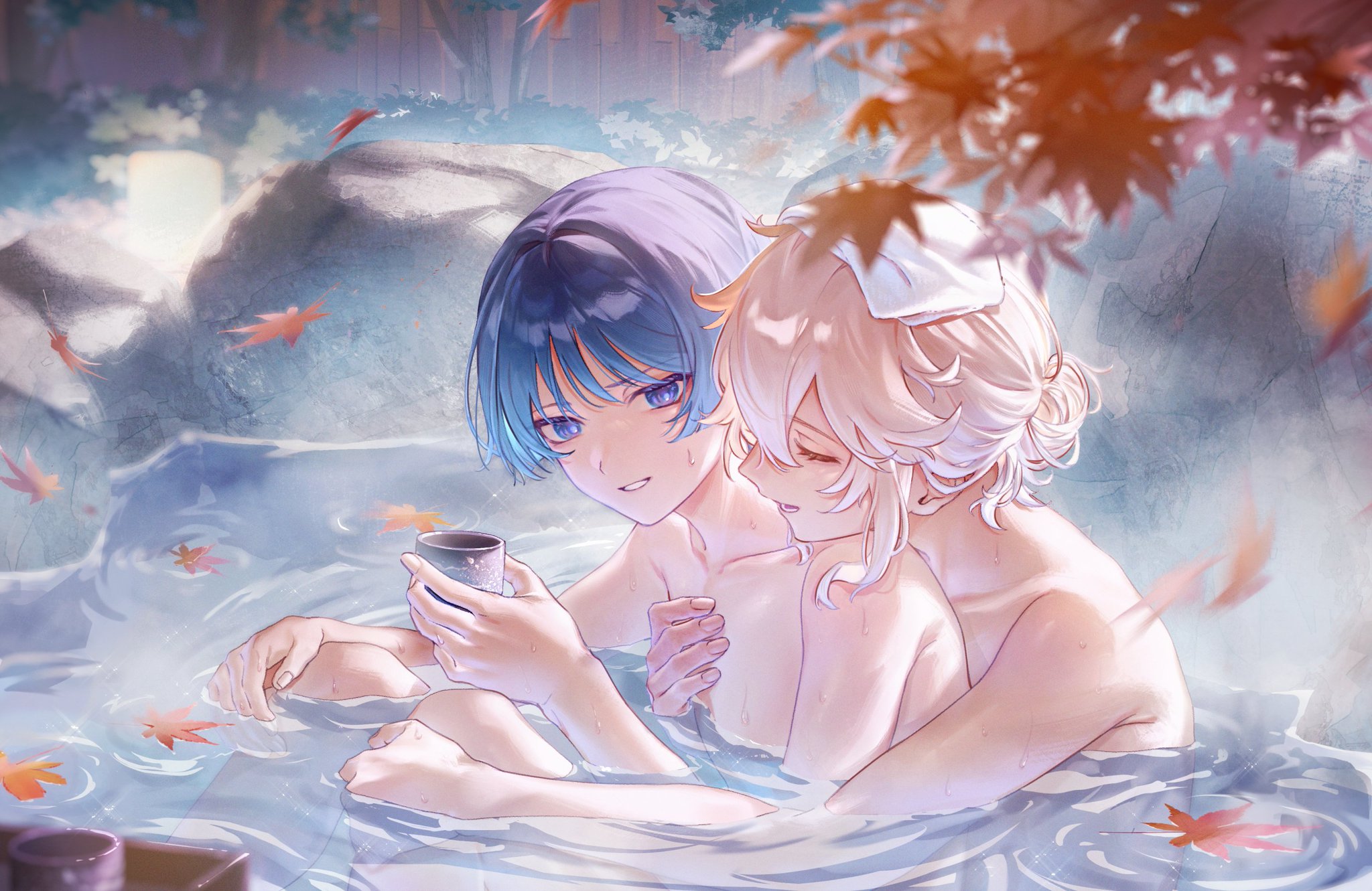 2boys, femboy, gay, genshin impact, girly, hands around waist, in bathtub, kaedehara kazuha, leg grab, male, male only, naked male, open mouth, scaramouche (genshin impact), tagme, yaoi