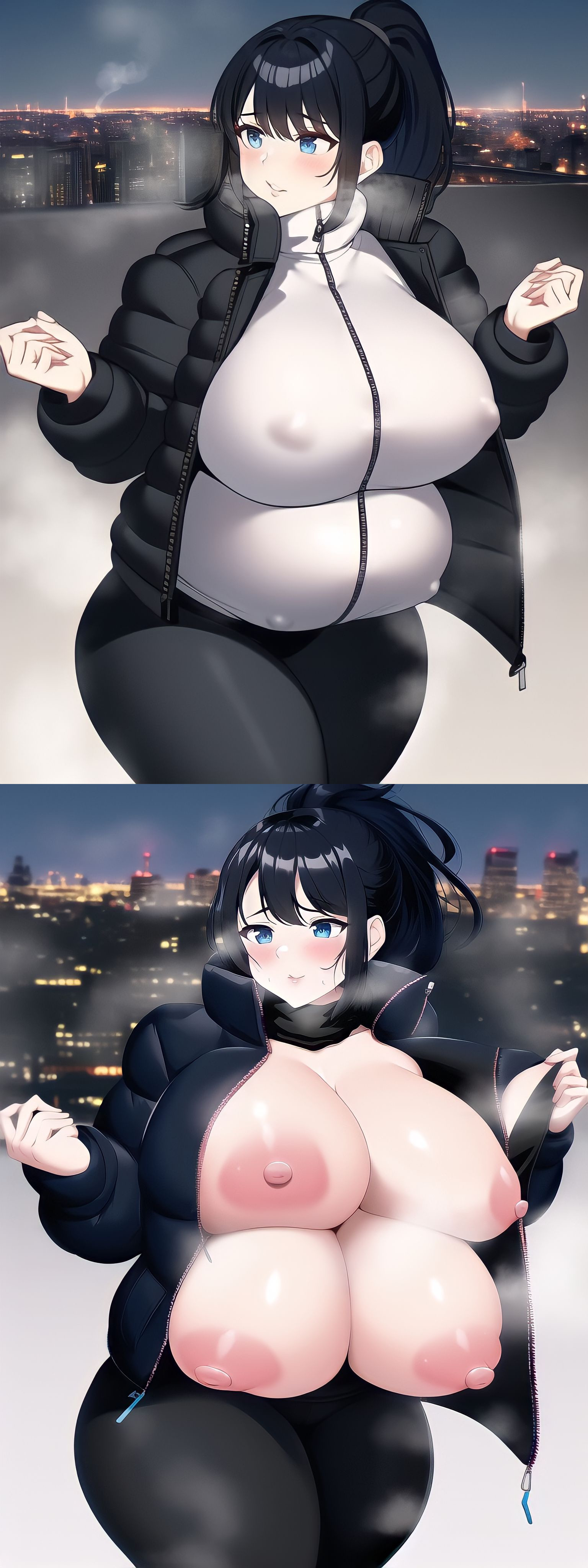 4 breasts, ai generated, bangs, big breasts, black hair, black legwear, blue eyes, breasts, city, coat, cold, curvy, erect nipples, female, huge breasts, multi breast, nai diffusion, nipples, nipples visible through clothing, ponytail, sidelocks, stable diffusion, steam, steamy breath, tetra (oc), tetra ai, thick thighs, tight clothing, unzipped, white jacket, wide hips, winter clothes, yoga pants, zipper