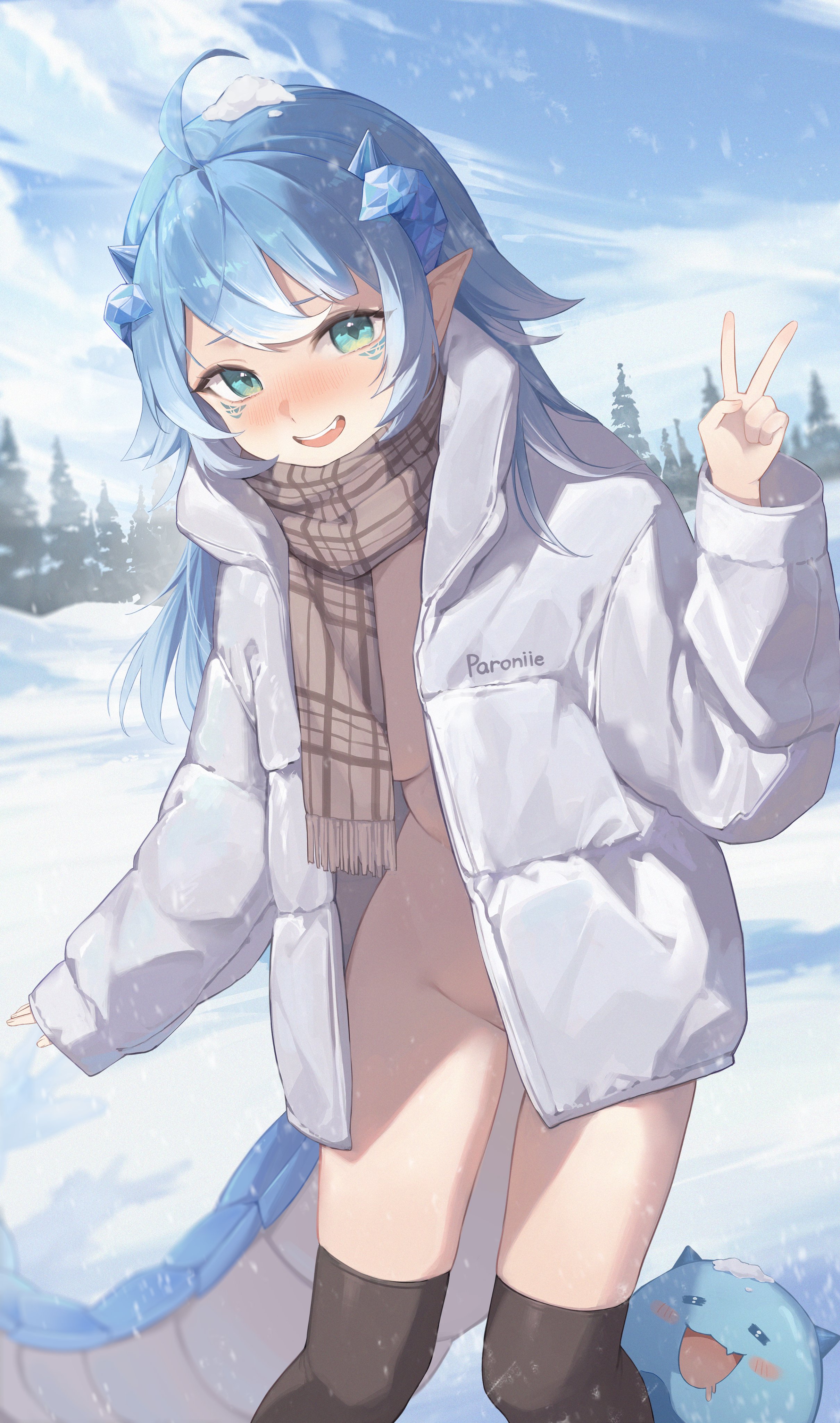1girls, artist request, convenient censoring, covering, exhibitionism, female, indie virtual youtuber, looking at viewer, midori fufu, mostly nude, naked, nude, outside, paroniie, solo, tagme, virtual youtuber, vtuber, winter