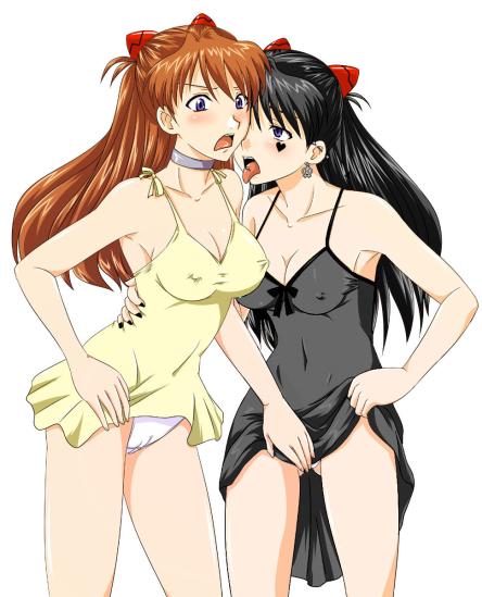 2girls asuka_langley_sohryu bare_shoulders black_dress black_hair blue_eyes blush breasts choker cleavage clothes clothing dark_persona dress dual_persona duo edit erect_nipples female female_only goth goth_asuka gothified human long_hair multiple_females multiple_girls neon_genesis_evangelion nipples nozarashi_satoru open_mouth orange_hair panties selfcest sleeveless sleeveless_dress sundress tongue_out white_panties yellow_dress yuri