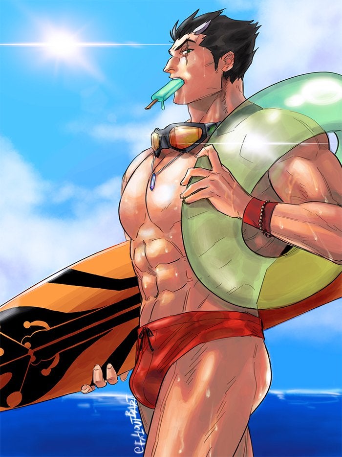 abs buldge darius_(league_of_legends) floaty goggles league_of_legends male male_only muscular muscular_male popsicle scar solo surfboard sweating swimming_trunks swimwear water