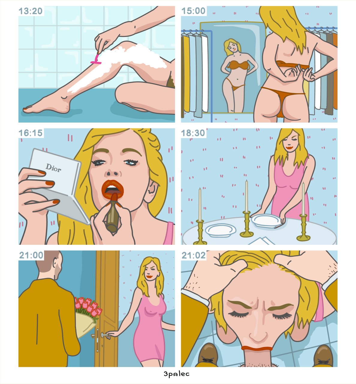 1boy 1boy1girl 1girls 3palec 6koma blonde_hair comic dating dress dressing duo fellatio humor lipstick male_pov penis pink_dress pov red_lipstick silent_comic source_request straight time_stamp