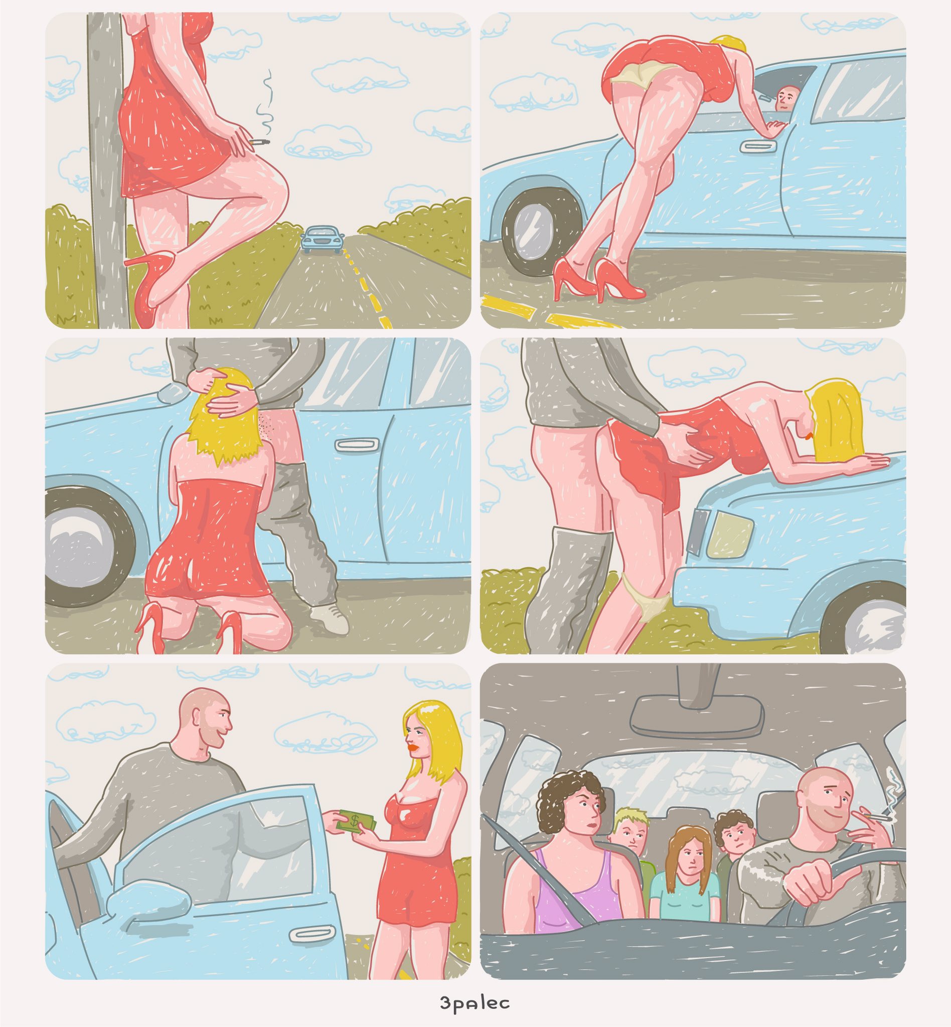 3palec, 6koma, ass, ass in dress, being watched, blonde hair, car, cheating, cheating husband, clothed, clothed sex, comic, cuckquean, doggy style, dress, fellatio, female, forced to watch, high heels, kneeling, male, male/female, money, prostitute, prostitution, public sex, red dress, red shoes, silent comic