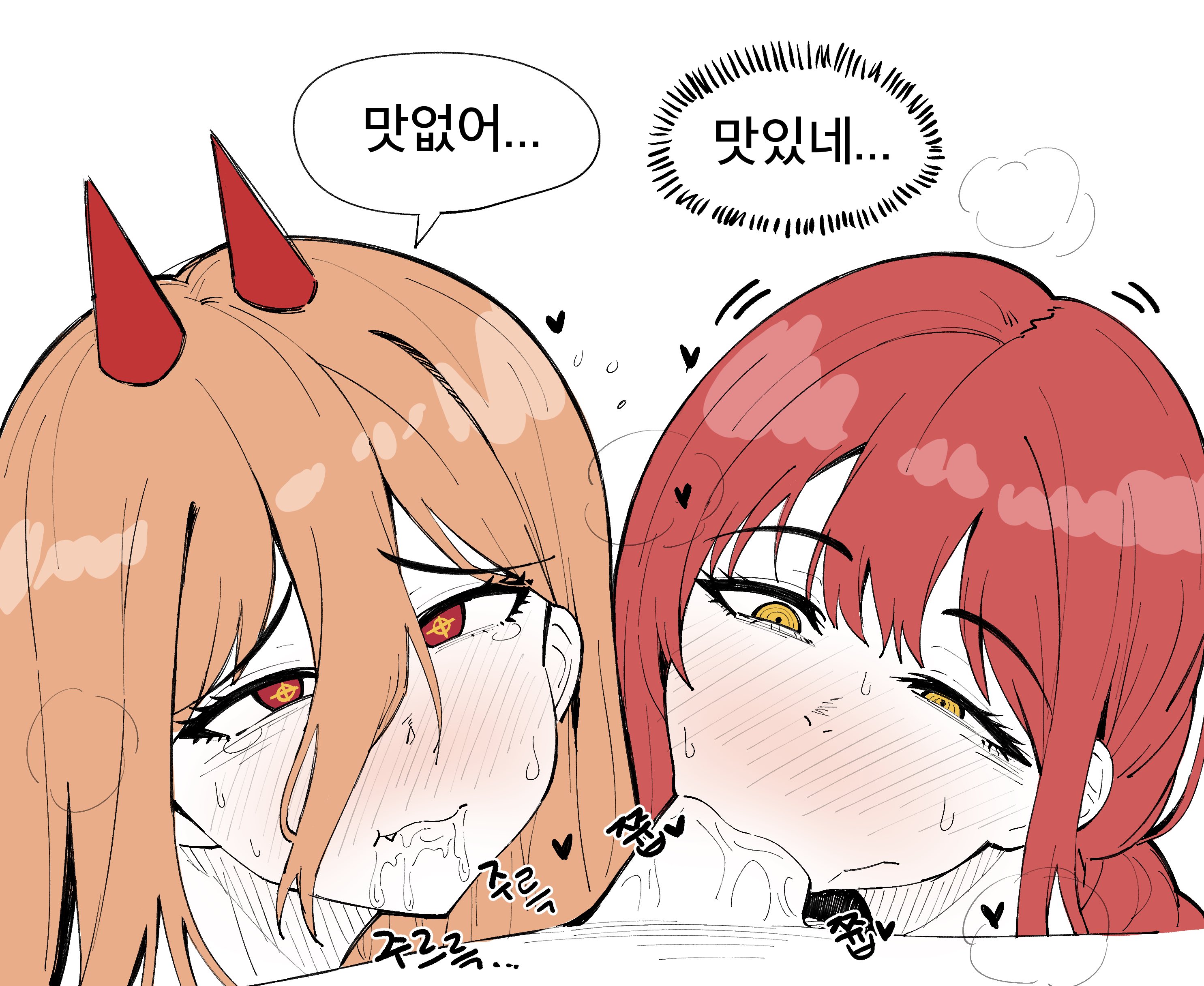 :>=, 1boy, 2girls, after deepthroat, after oral, blonde hair, blowjob, blush, braided hair, braided ponytail, chainsaw man, collaborative fellatio, cum, cum in mouth, cum in throat, deepthroat, deepthroat no hands, demon, demon girl, demon horns, eye contact, fellatio, female, ffm threesome, fringe, ginger, hands-free, horns, korean text, light skin, light-skinned female, long hair, makima (chainsaw man), male, mappa, multiple females, multiple girls, oral, orange hair, partially colored, penis, petite, ponytail, pov, power (chainsaw man), red eyes, red hair, saliva, school uniform, schoolgirl, seductive eyes, seductive look, seductive mouth, siri (artist), strawberry blonde hair, sucking, sucking penis, teamwork, text, threesome, translation request, unusual anatomy, unusual eyes, unusual pupils, yellow eyes