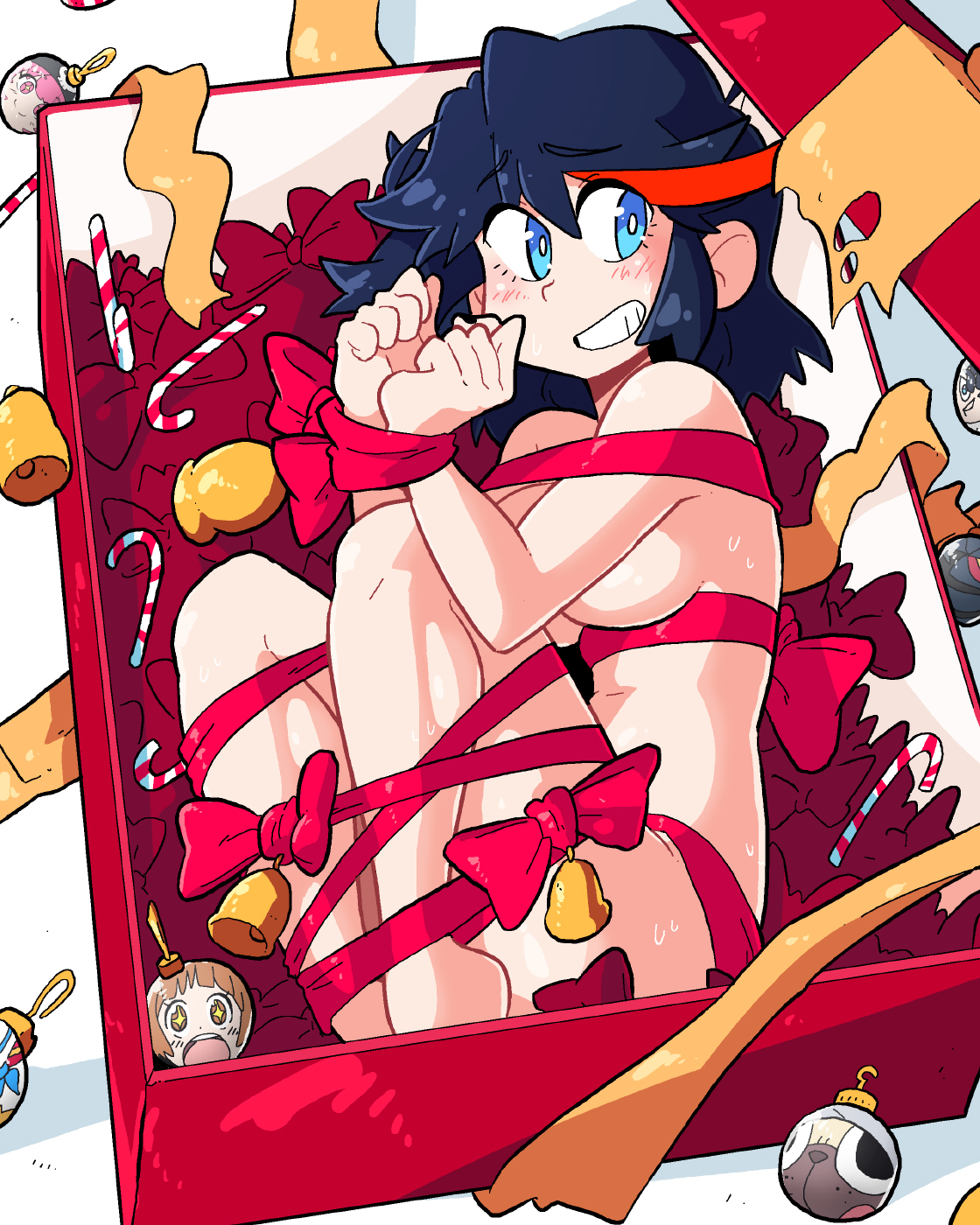 1girls, barefoot, blue eyes, blue hair, blush, christmas, feet, female, female only, human, kill la kill, matoi ryuuko, nude, ribbon, scott malin, solo, straight hair, sweat, tagme