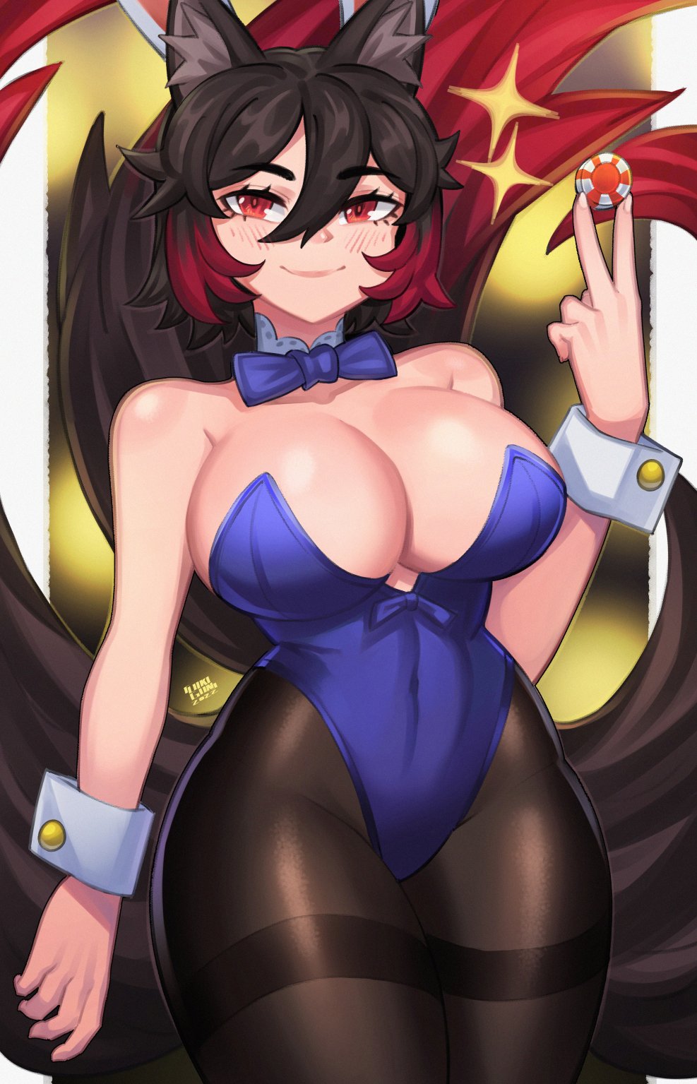 1girls 2022 big_breasts black_hair blush bunnysuit detached_collar female female_only fox_ears fox_girl fox_tail hi_res kamura_akuma_(tinyillusionist) lokigun looking_at_viewer medium_hair multiple_tails neck_ribbon pantyhose poker_chip red_eyes red_highlights smiling smiling_at_viewer solo tail thick_thighs wrist_cuffs