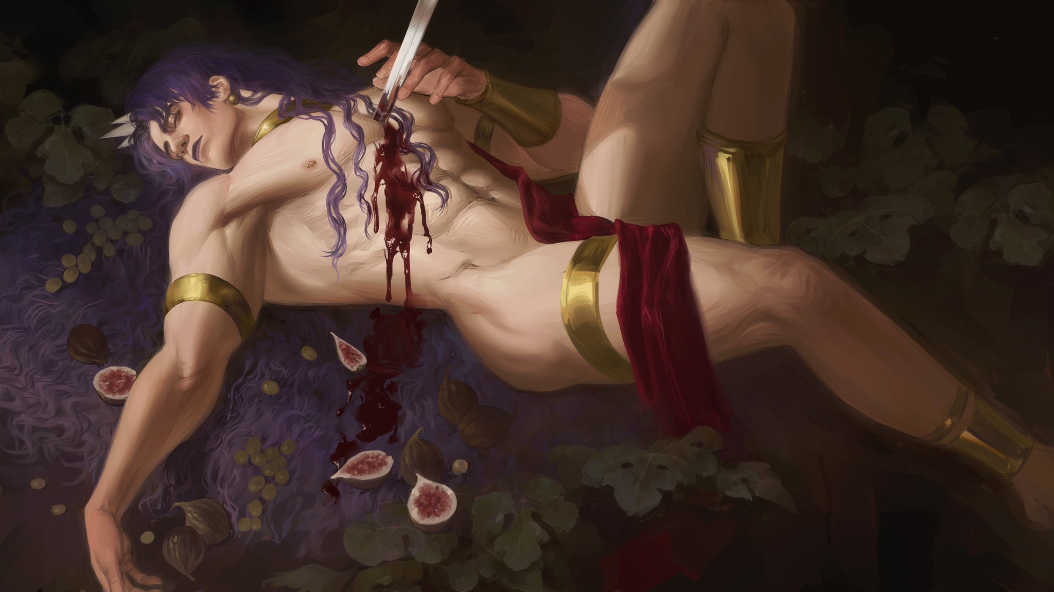 1boy, abs, battle tendency, blood, digital painting (artwork), fine art, jojo's bizarre adventure, kars, lkikai, long hair, long-haired male, male, male only, muscular, muscular male, purple hair, purple-haired male, stab, tagme