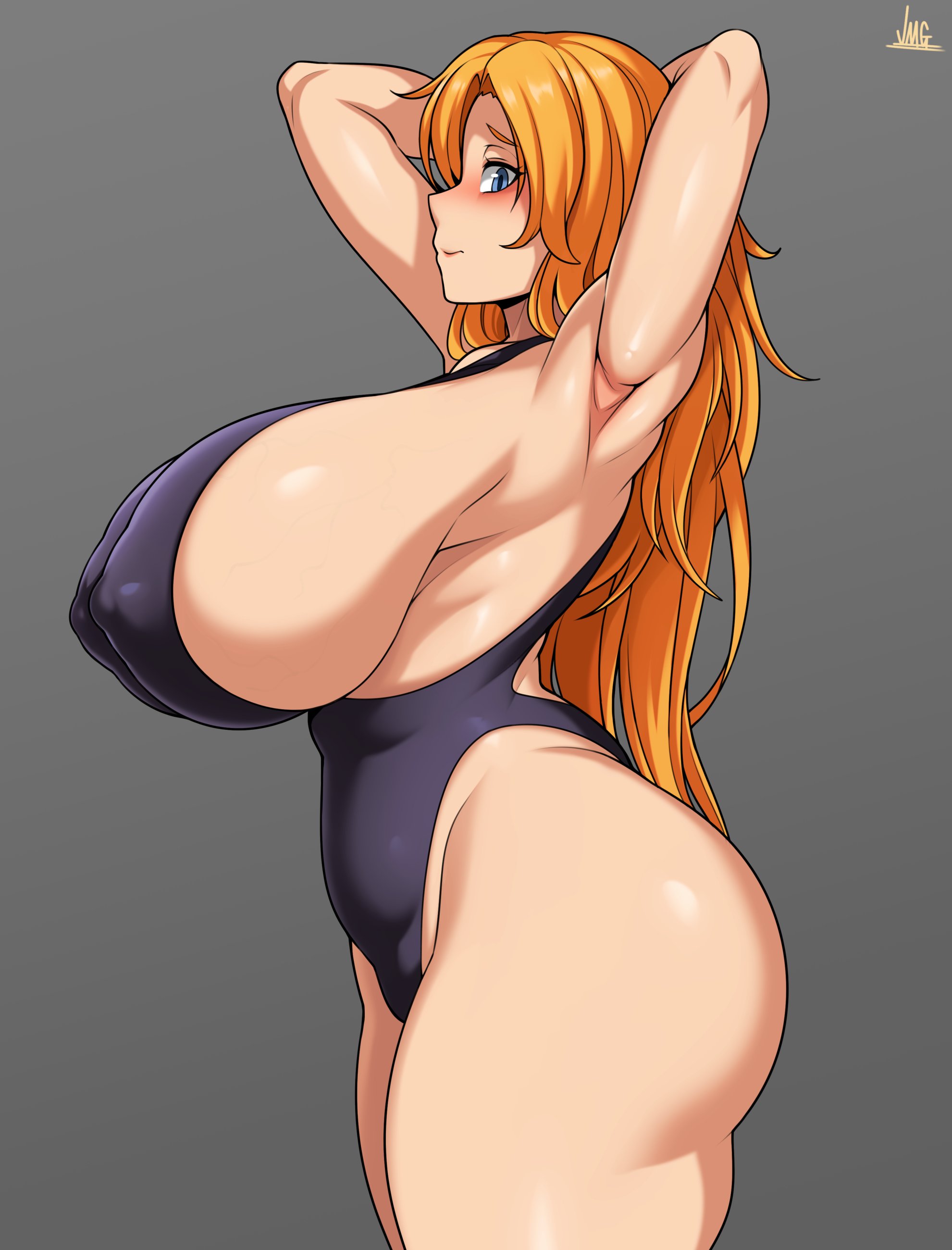 1girls, armpits, ass, bathing suit, bleach, blush, breasts, exhibitionism, female, female only, huge ass, huge breasts, jmg, looking at viewer, matsumoto rangiku, nipple bulge, orange hair, side view, sideboob, solo, thick thighs