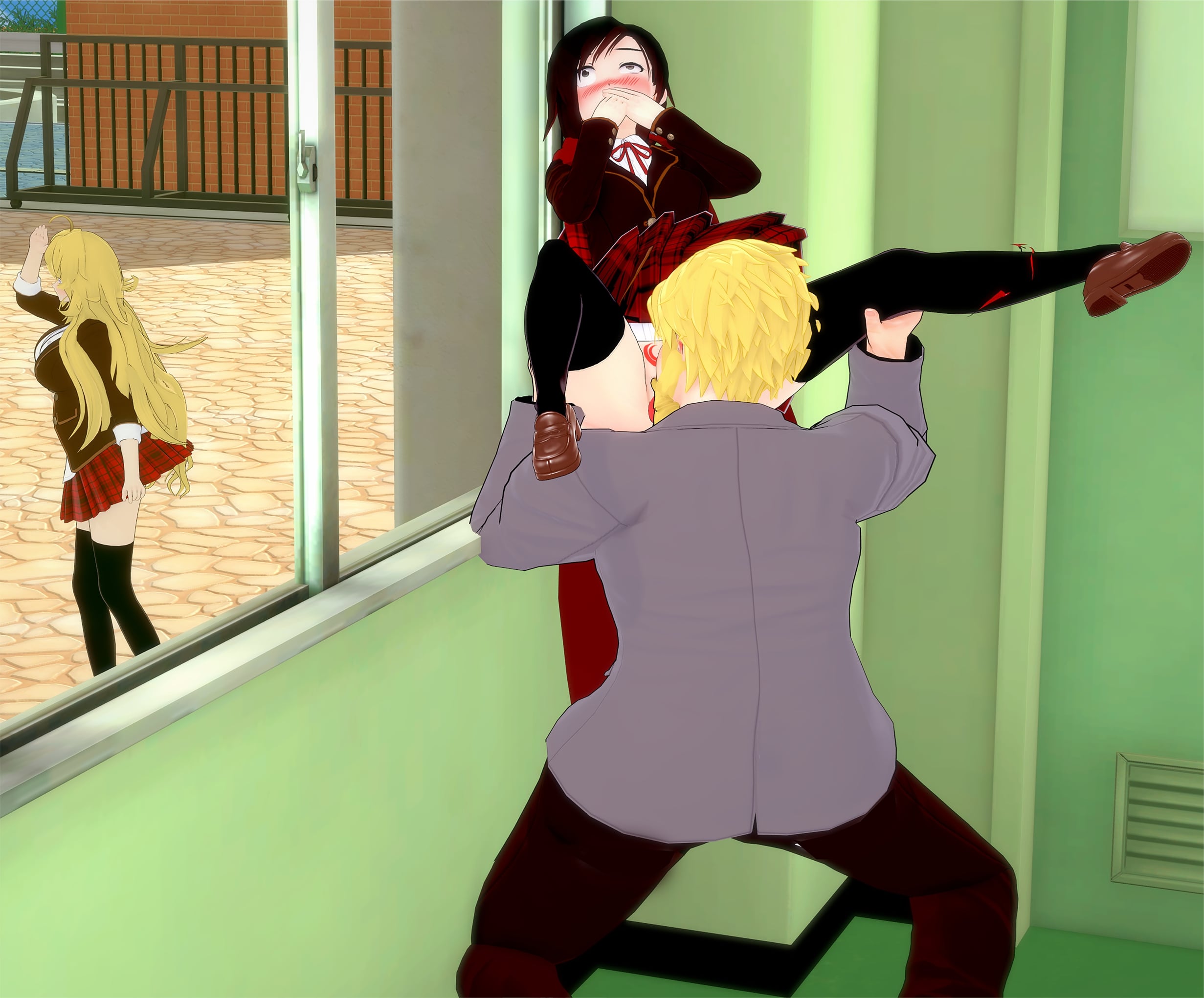 1boy, 2girls, 3d, age difference, aged up, arc family crest, cunnilingus, fatallyobsessed, female, holding back moans, jaune arc, male, multiple females, multiple girls, ruby rose, rwby, silver eyes, teacher and student, yang xiao long