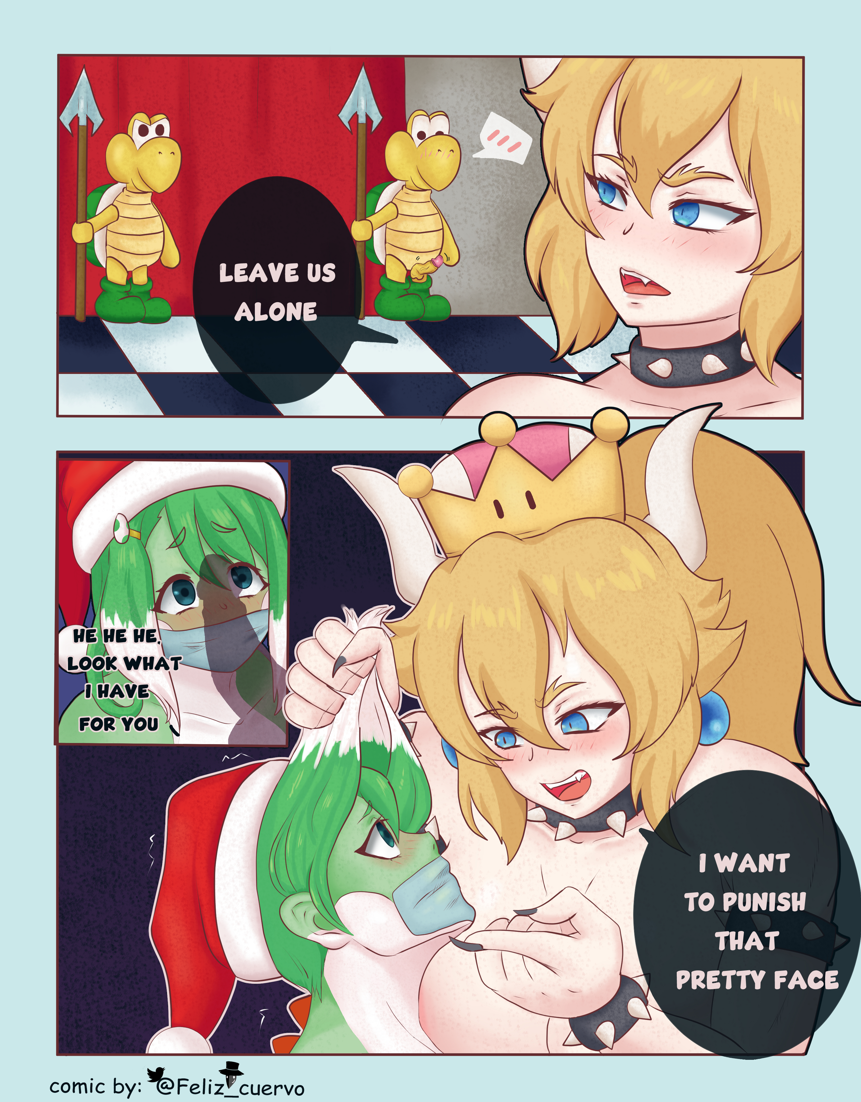 1futa, 1girls, blonde female, blonde hair, blue eyes, bowsette, bowsettetruequeencomic, christmas, comic, comic page, duo, feliz cuervo, female, futanari, genderswap, genderswap (mtf), green hair, green koopa troopa, humanized, intersex, koopa, koopa troopa, mario (series), new super mario bros. u deluxe, nintendo, nintendo switch, penis, penis shadow, rule 63, super crown, super mario bros., tape, taped mouth, transformation, yoshette, yoshi