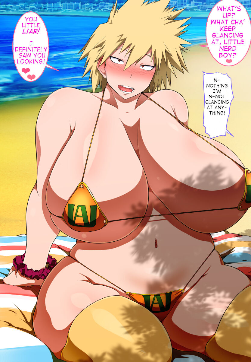 1girls arms_behind_back beach big_breasts black_eyes blonde_hair breasts dialogue human legwear light-skinned_female light_skin looking_at_viewer milf mitsuki_bakugou my_hero_academia nabe0721 only_female open_mouth outside short_hair smile solo_focus standing swimsuit text underwear