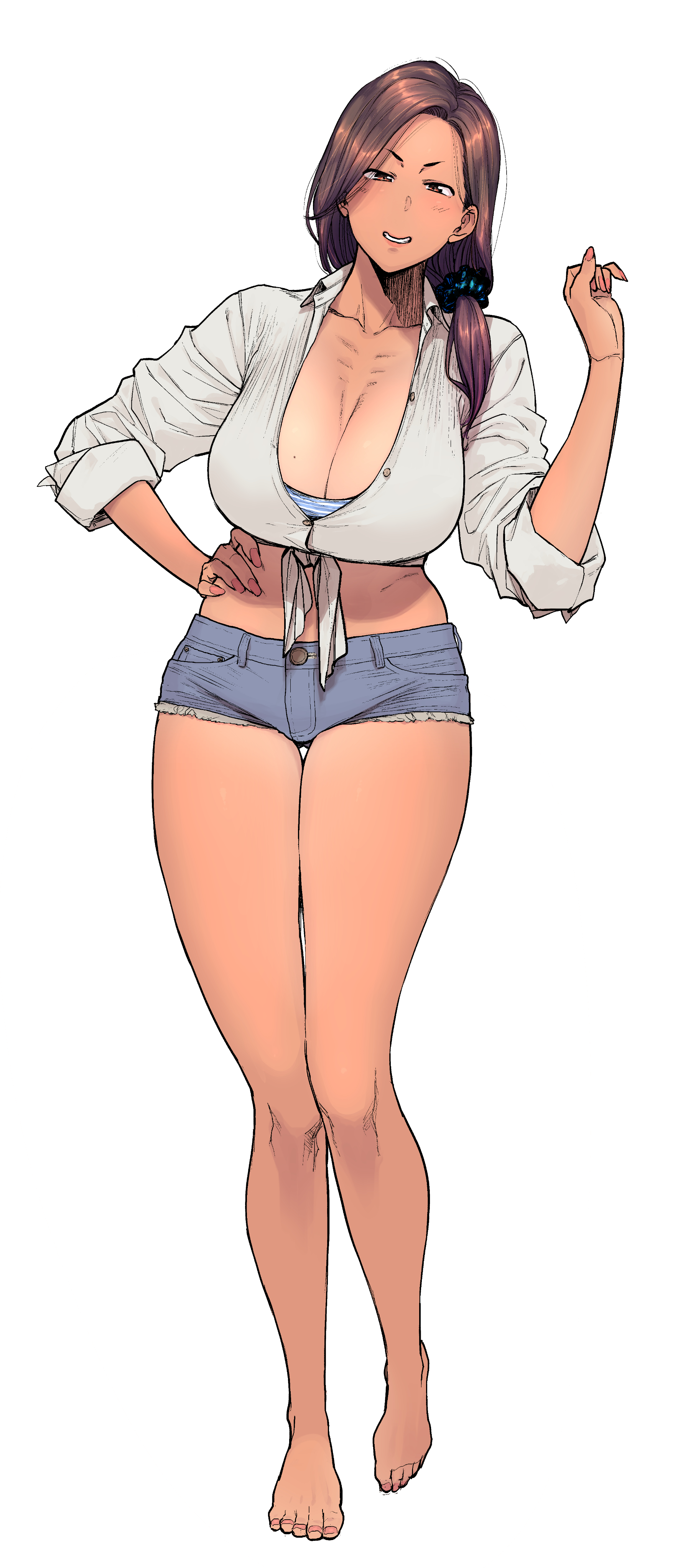 1girls, 2022, absurdres, breasts, brown hair, cleavage, collarbone, crop top, etuzan jakusui, female, front-tie top, hand on hip, highres, large breasts, long hair, mature, mature female, micro shorts, midriff, milf, mole, mole on breast, original, original character, shorts, sleeves rolled up, smile, solo, standing, thighs, tomboy, tomboy milf, tomboyish, unbuttoned, wholesome