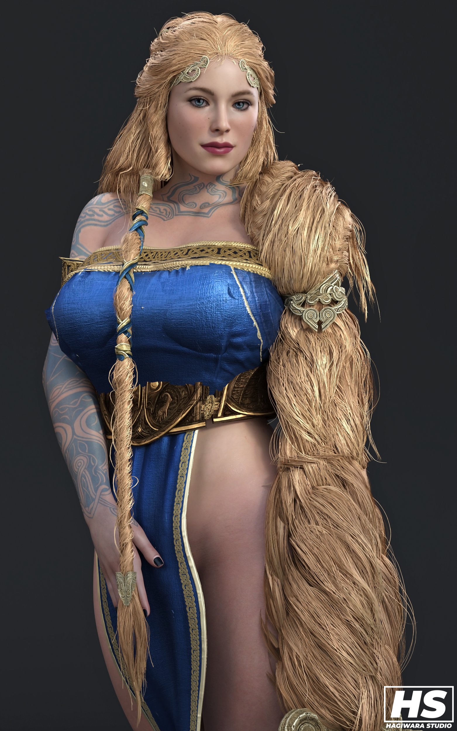 1girls, 3d, abs, aesir (norse mythology), big breasts, black fingernails, black nails, blonde hair, blue eyes, braided hair, breasts, cameltoe, dress, female, female focus, female only, front view, god of war, god of war ragnarok, goddess, grey background, hagiwara studio, long hair, looking at viewer, milf, mother, mythology, norse mythology, pussy, red lips, sif (god of war), solo, sony interactive entertainment, tattoo, tattooed arm, tattoos, thick thighs, thighs, twitter username