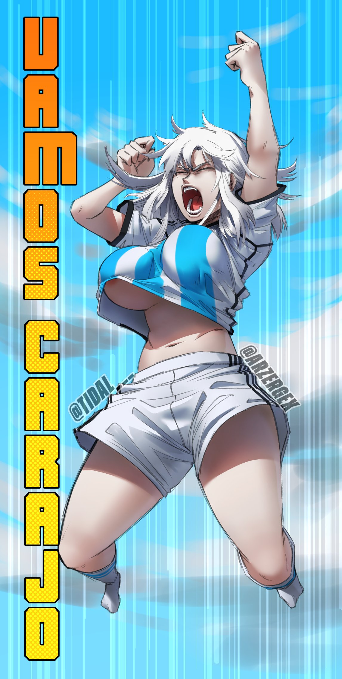 1girls albina_(tidal) argentina arzergex celebration closed_eyes closed_eyes clothed clothing fist_up football_uniform jumping nipple no_bra open_mouth sky_background spanish_text tidal_(artist) viewed_from_below