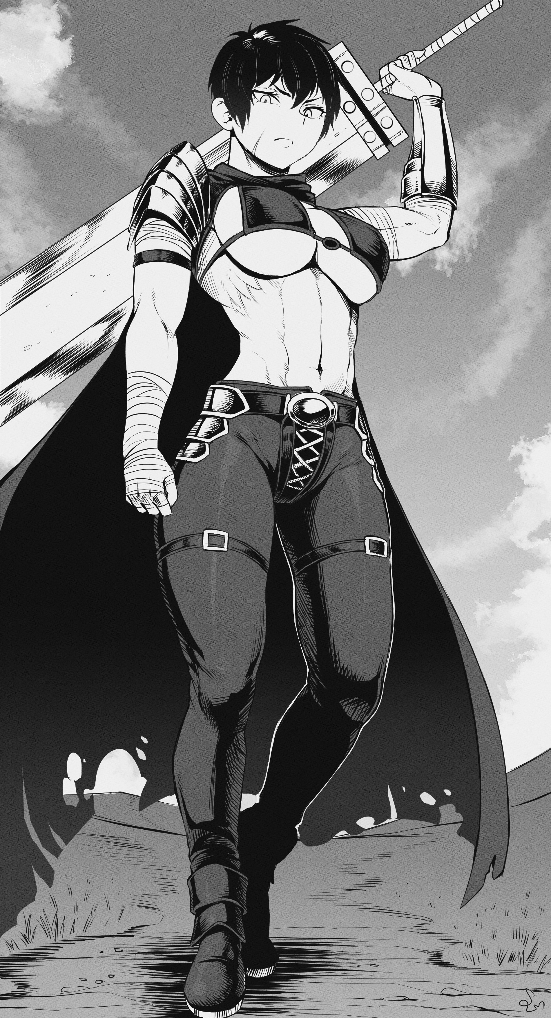 1girls, bandaged arm, bandages, berserk, bikini top, black and white, black hair, breasts, cape, curvy, female, female guts, female only, fit, fit female, guts (berserk), human, large breasts, looking at viewer, rule 63, scar, scar on face, short hair, shoulder armor, solo, speedl00ver, sword, thick thighs, tomboy, toned, very high resolution, very short hair