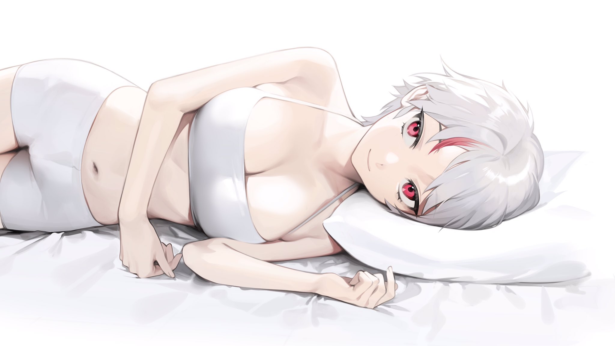 1girls, bare arms, bare shoulders, bed, breasts, cleavage, female, inuyasha, large breasts, light skin, light-skinned female, lying, lying on side, midriff, ohisashiburi, on side, pillow, red eyes, short hair, short shorts, shorts, solo, sports bra, stomach, tight clothing, tomboy, towa higurashi, underwear, underwear only, very short hair, white hair, yashahime: princess half-demon