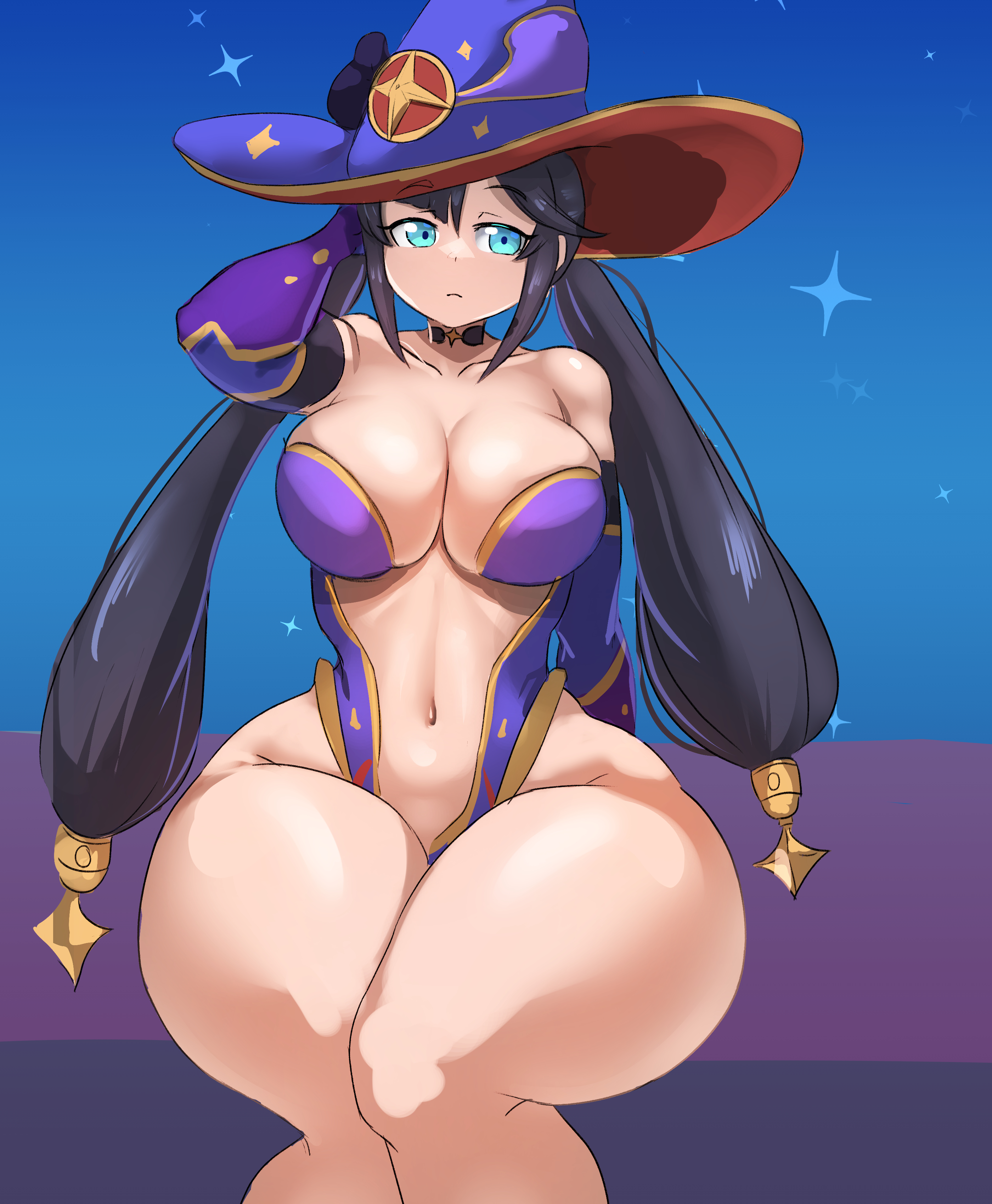 1girls, big breasts, blue eyes, bored, breasts, female, female only, genshin impact, ghosffee, hat, huge thighs, leotard, light skin, light-skinned female, mona (genshin impact), sitting, solo, thick thighs, thighs, twintails, voluptuous, wide hips, witch hat