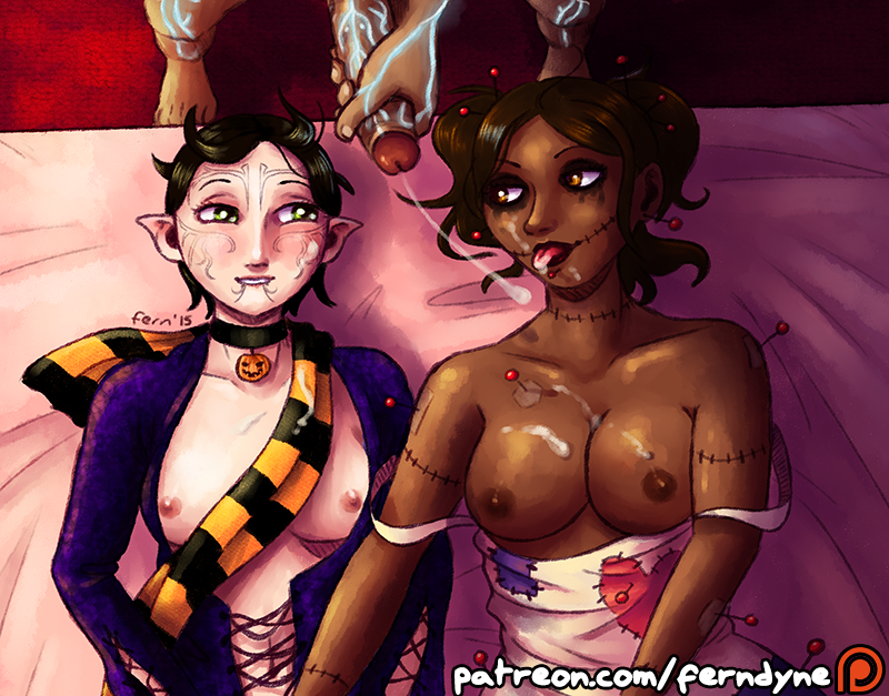 1boy 2girls black_hair breasts brown_eyes brown_hair cum cum_on_breasts cumshot dark_skin dragon_age elf ferndyne green_eyes isabela_(dragon_age) merrill_(dragon_age) partial_male small_breasts smile tongue tongue_out twintails