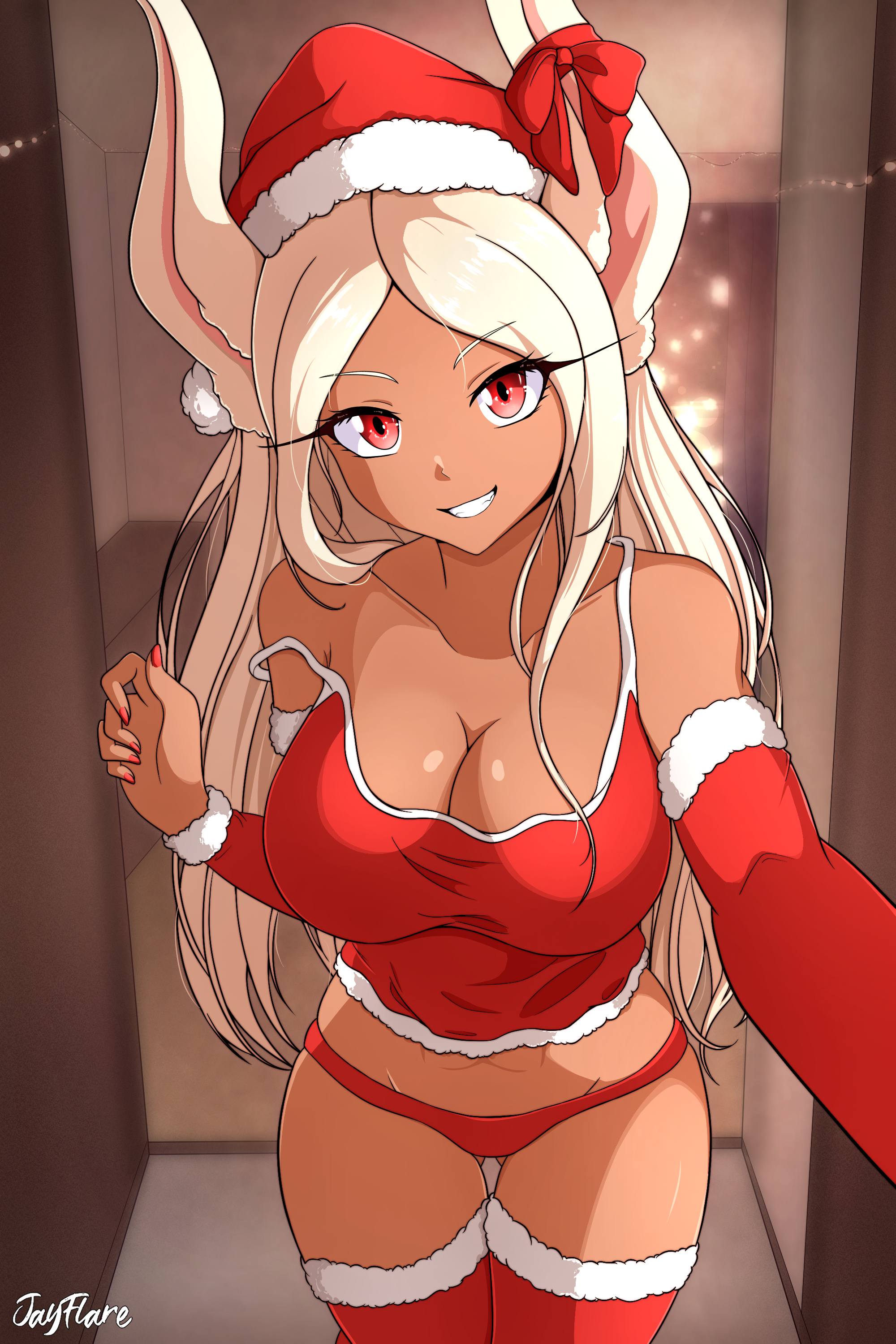 1girls, boku no hero academia, breasts, christmas, christmas outfit, cleavage, dark skin, dark-skinned female, female, fully clothed, imminent sex, inviting, jay flare, large breasts, miruko, my hero academia, panties, pov, rabbit ears, rabbit girl, rabbit humanoid, red eyes, santa hat, seductive, smile, smiling at viewer, strap slip, thighhighs, underwear, white hair