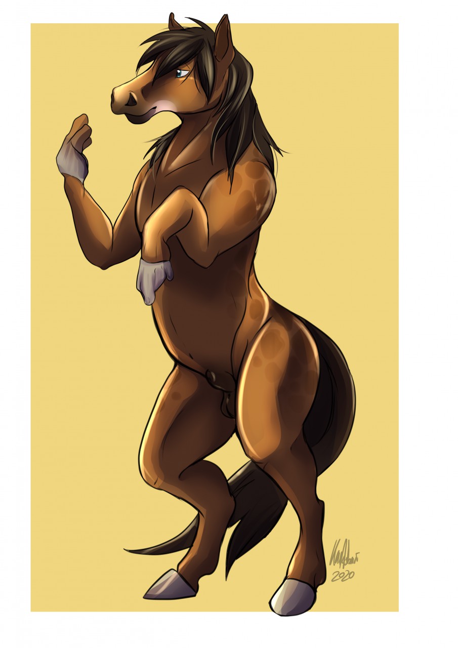 2020 animal_genitalia balls blue_eyes blush brown_body brown_hair brown_mane brown_tail digital_media_(artwork) dolero equid equine feral genitals hair hi_res hooves horse kaeaskavi male mammal mane on_hind_legs sheath simple_background solo transformation