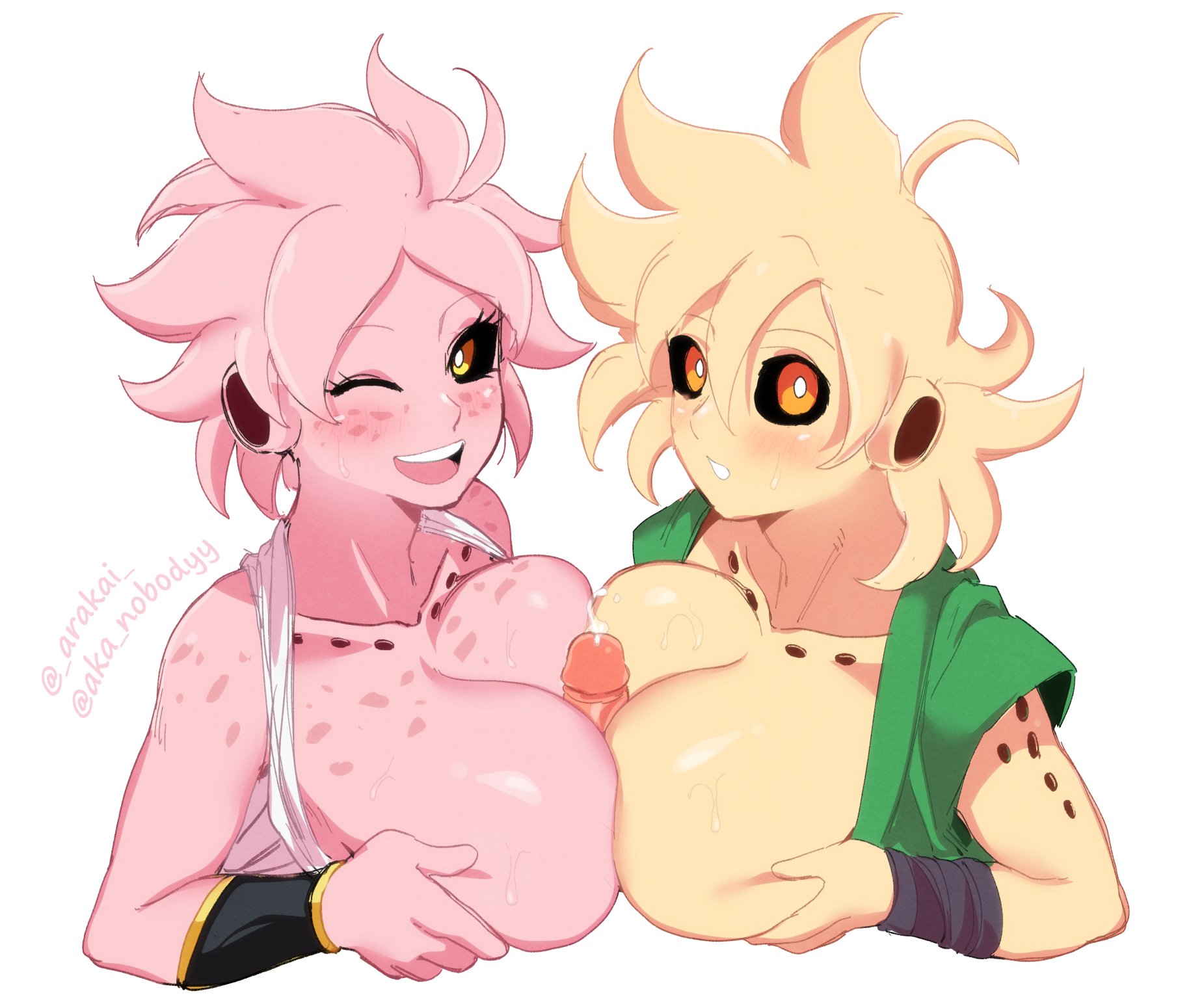 2girls, aka nobodyy, arakai, blush, boobjob, breasts, dragon ball, dragon ball xenoverse, female, female majin, kazaam (krello png), majin, monster girl, multiple females, multiple girls, nashi (aka nobodyy), oc, orange eyes, original character, original characters, paizuri, pink skin, titjob, wink, yellow eyes, yellow skin