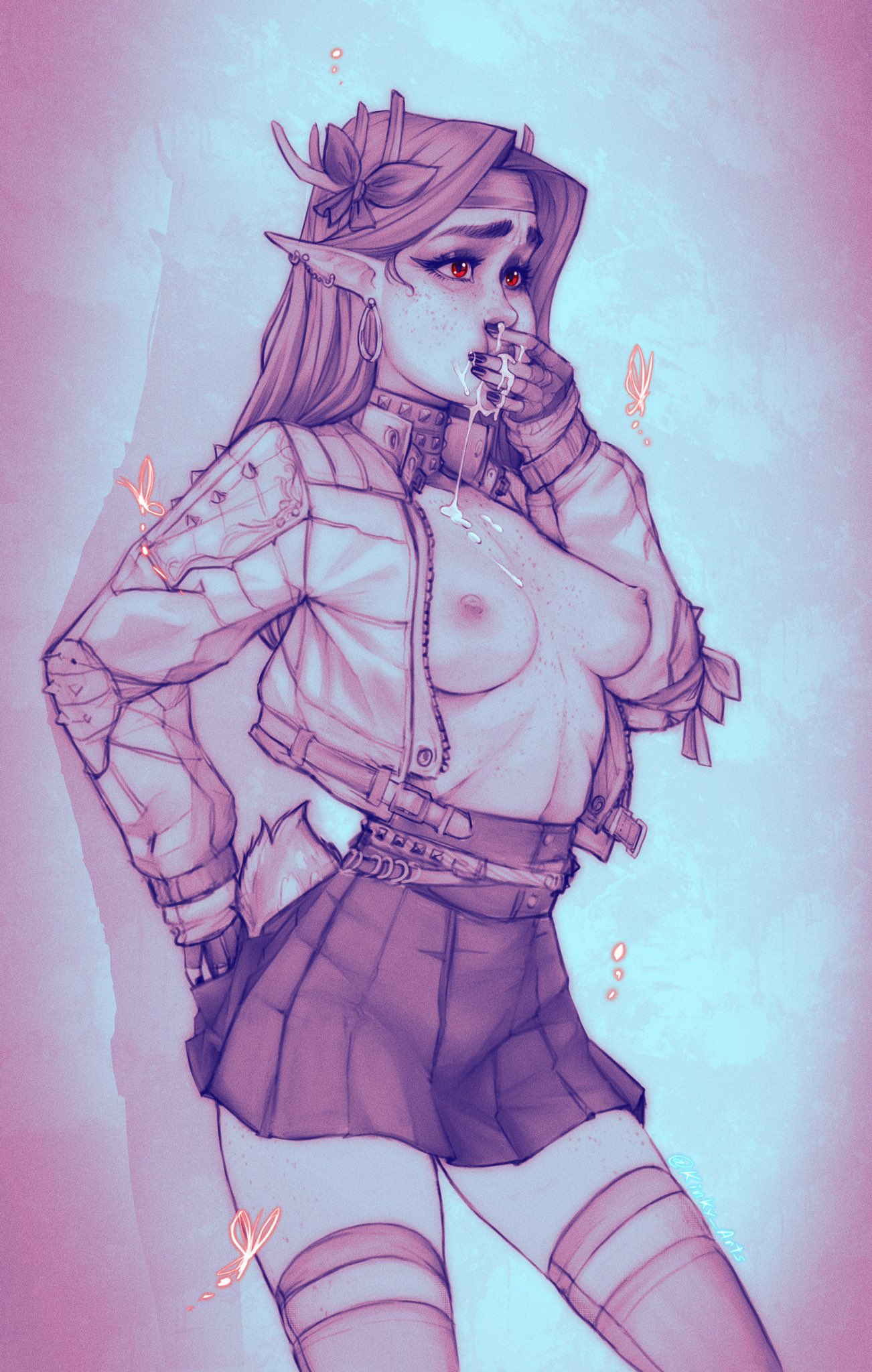 1girls, breasts, breasts out, cum, cum in mouth, farah (kinky arts), female, jacket, kinky arts, long hair, no bra, open clothes, pointy ears, red eyes, standing, valkas (species)