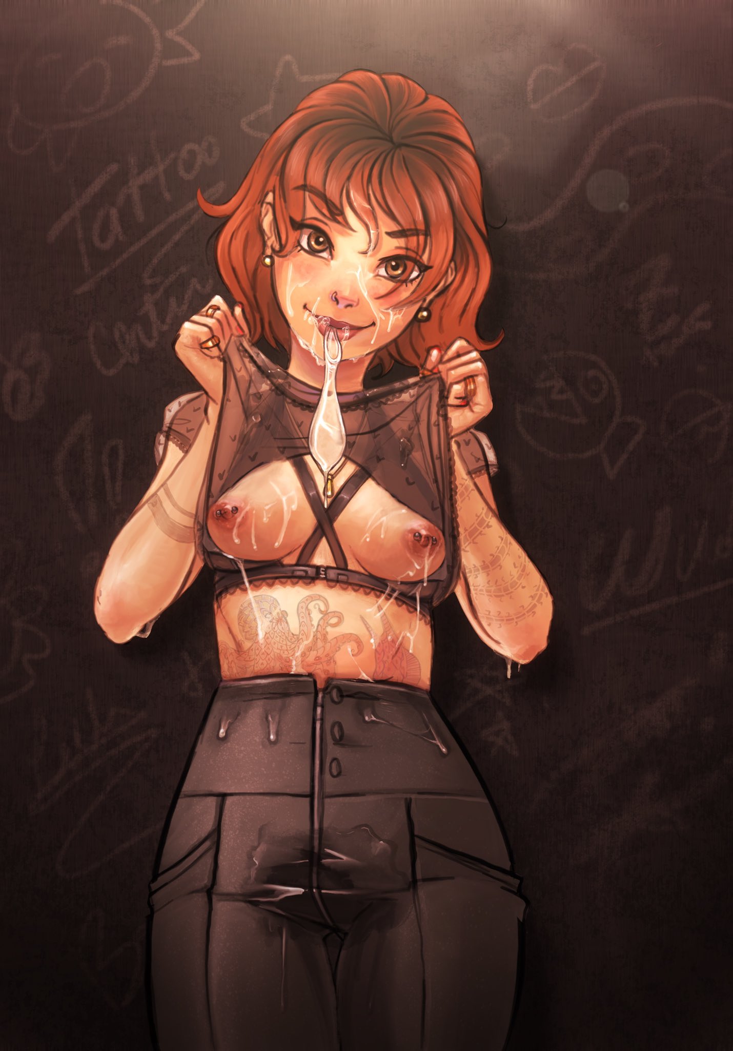 1girls, breasts, condom filling, condom in mouth, cum, female, kinky arts, looking at viewer, red hair, shirt lift, short hair, small breasts, solo, used condom, wet clothes