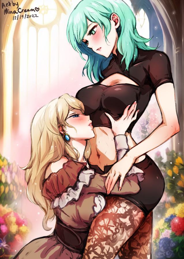2girls, alternate costume, alternate hairstyle, artist name, ass, blonde hair, blue eyes, blush, body worship, breast grab, breasts, byleth (fire emblem), byleth (fire emblem) (female), church, cleavage, cleavage cutout, dated, earrings, enlightened byleth (female), female, female only, fire emblem, fire emblem warriors: three hopes, fire emblem: three houses, grabbing, green eyes, green hair, groping, kneeling, lace, leggings, legwear, light skin, light-skinned female, medium breasts, medium hair, mercedes von martritz, minacream, multiple females, multiple girls, nail polish, nintendo, official alternate costume, official alternate hairstyle, pantyhose, shorts, signature, squinting, yuri