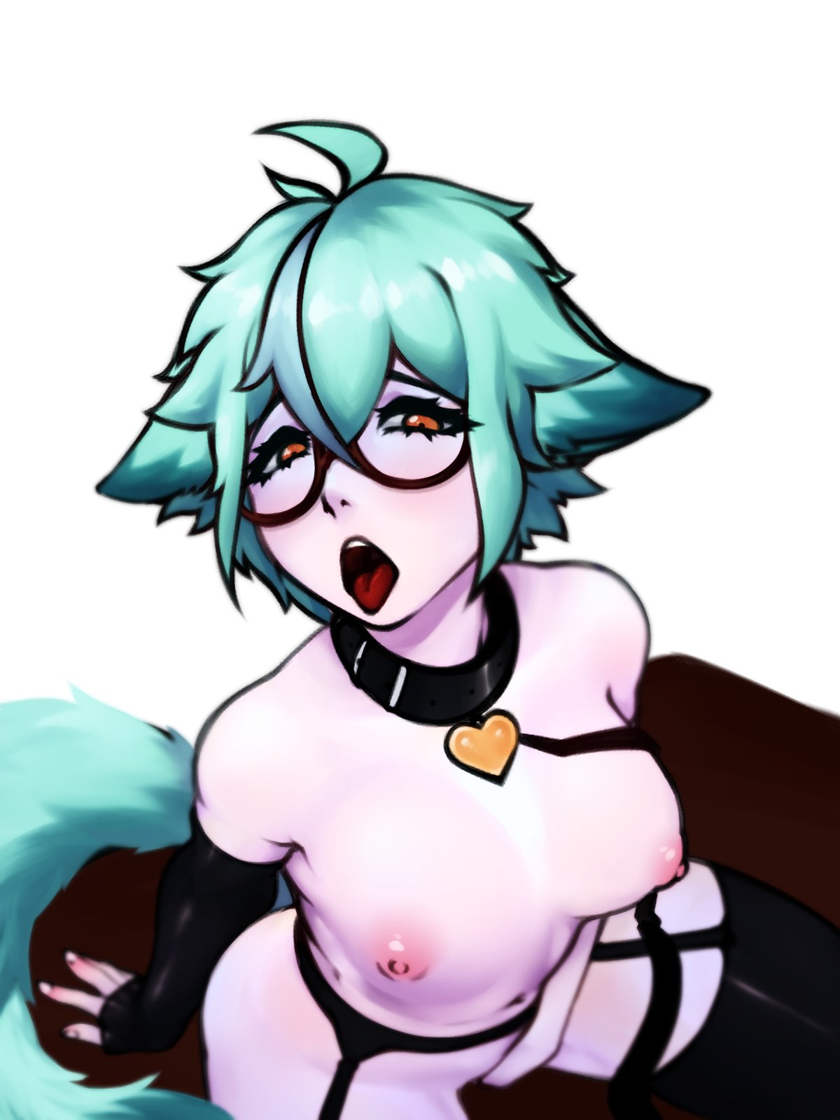 1girls, areolae, breasts, dliwarr, female, female only, furry tail, genshin impact, glasses, green hair, medium breasts, nipples, open mouth, orange eyes, petplay, sitting, sucrose (genshin impact), tail, tongue, white background
