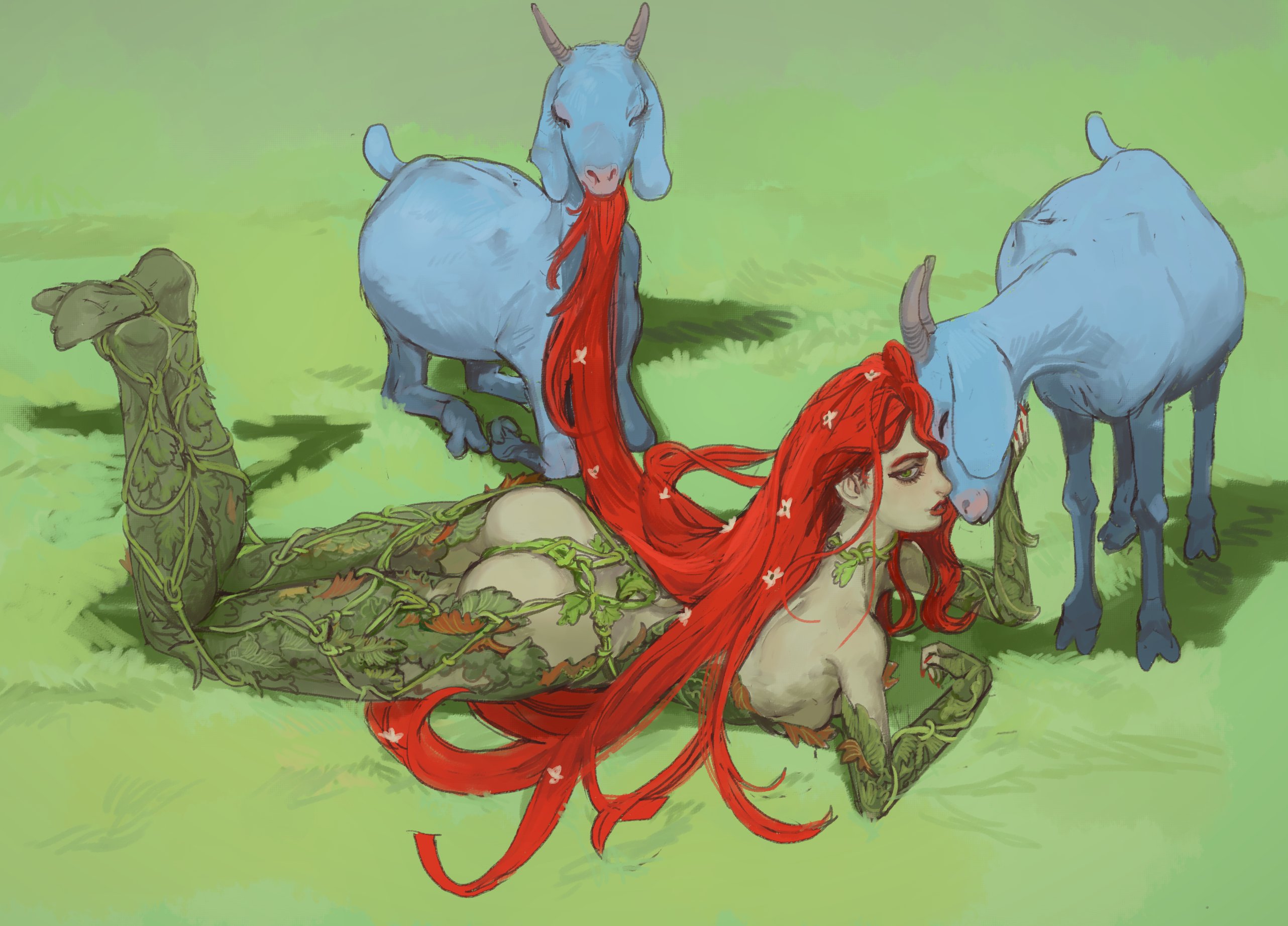 1girls, 2d, animal, ass, batman (series), breasts, dc, dc comics, eating, female, female only, goat, long hair, lying, mossa, on grass, poison ivy, red hair, solo, solo female