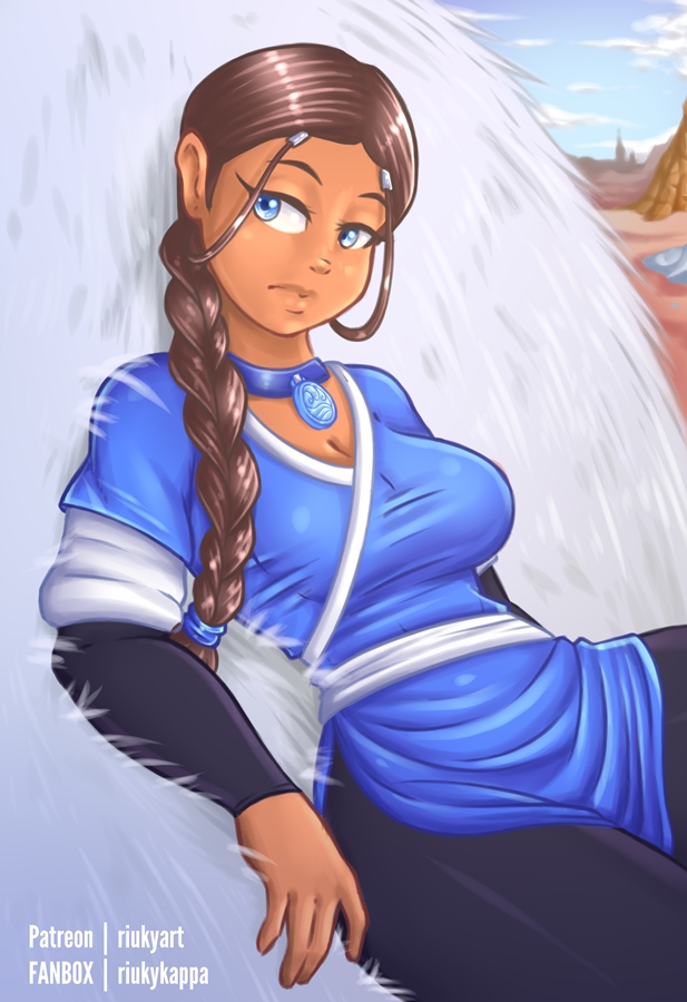 1girls animal appa artist_name avatar_legends avatar_the_last_airbender braided_ponytail breasts child_bearing_hips choker cleavage clothed clothes clothing dark-skinned_female dark_skin expressionless eyelashes fanbox_username female hair_loopies hips inuit katara looking_to_the_side medium_breasts necklace outdoors pants patreon_username riukyart riukykappa sky_bison thighs water_tribe