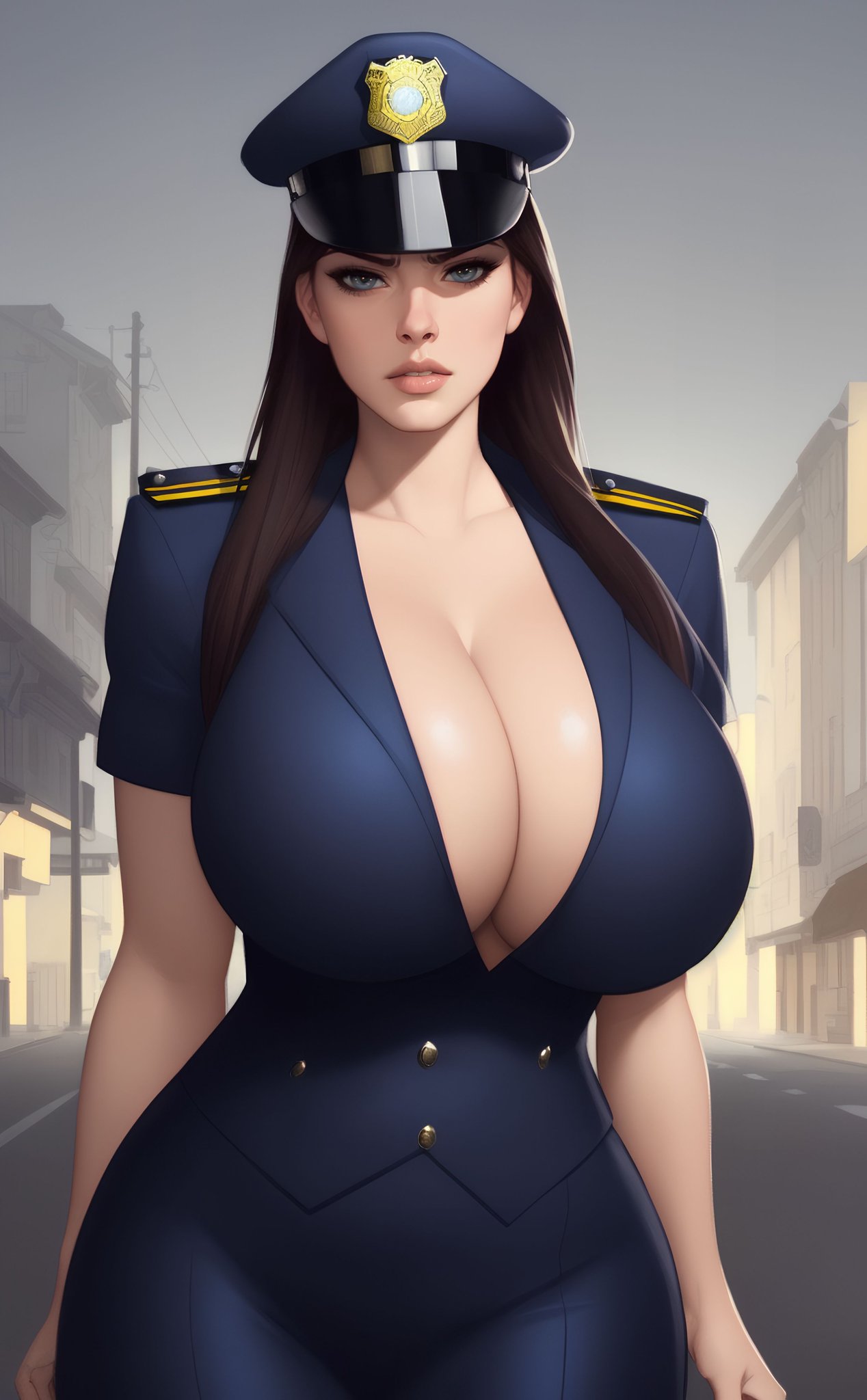 1girls, 2022, ai generated, big breasts, breasts, cleavage, curvaceous, curvy body, curvy female, female, female focus, female only, long hair, looking at viewer, original, police hat, police officer, police uniform, policewoman, seductive look, stable diffusion, tagme, voluptuous female
