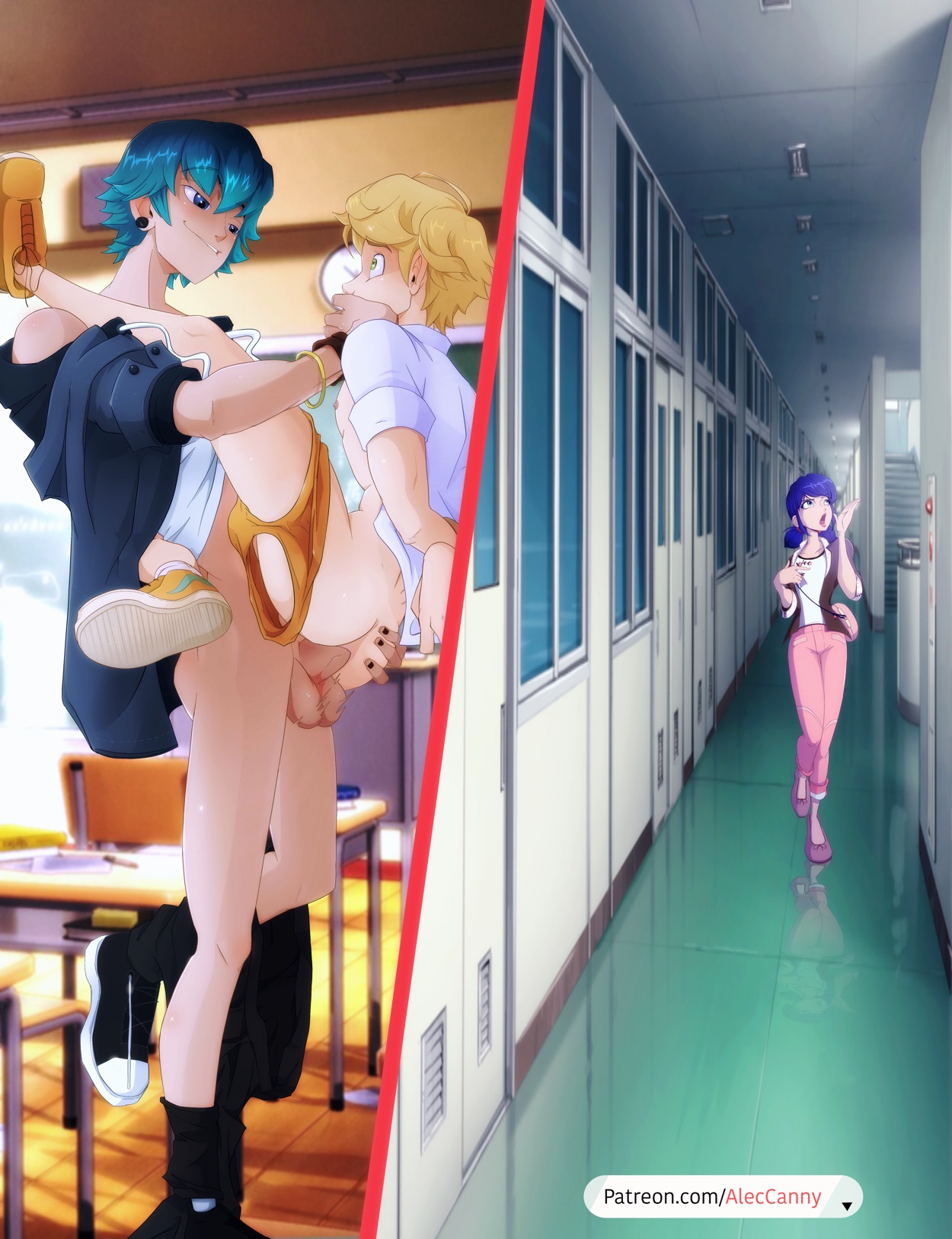 1girls, 2boys, adrien agreste, aleccanny, anal, ass, ass grab, balls, blonde hair, blue eyes, blue hair, briefs, covered mouth, covering another's mouth, earrings, female, gay, gay sex, green eyes, hand over another's mouth, hand over mouth, jacket, leg on shoulder, luka couffaine, male, marinette cheng, marinette dupain-cheng, miraculous ladybug, nipples, open clothes, open shirt, pants down, penetration, penis, penis out, school, sex, size difference, straight hair, toony, white body, yaoi