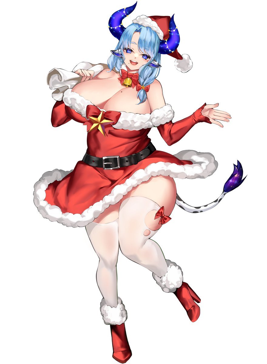 1girls, breasts, christmas outfit, cow girl, cow horns, female, horns, huge breasts, indie virtual youtuber, light skin, light-skinned female, looking at viewer, miilkywayz, milf, rahato, rahato190, santa costume, santa hat, simple background, smile, solo, thick thighs, thighhighs, virtual youtuber