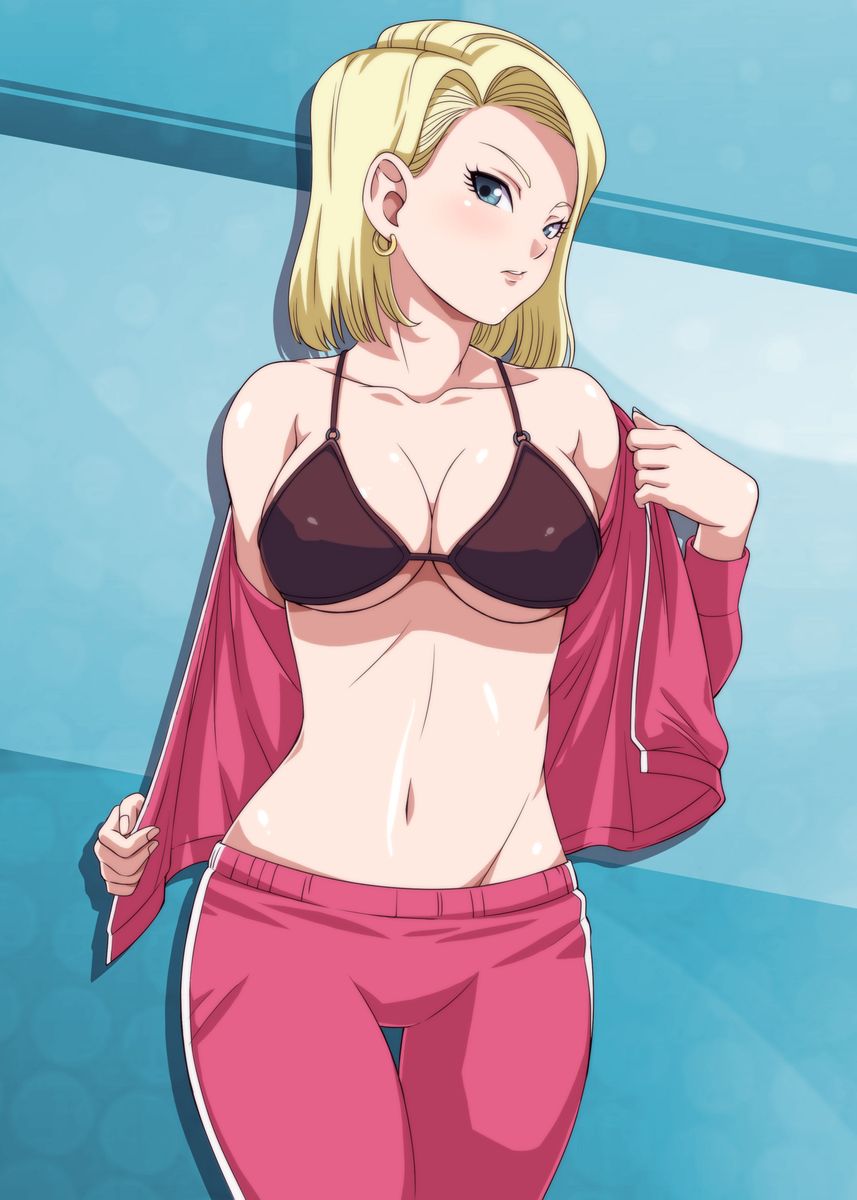 1girls alternate_version_available android_18 big_breasts blonde_hair blue_eyes bra cleavage dragon_ball dragon_ball_super female female_only jacket open_clothes open_jacket open_shirt solo track_jacket track_pants track_suit undressing zoyukan