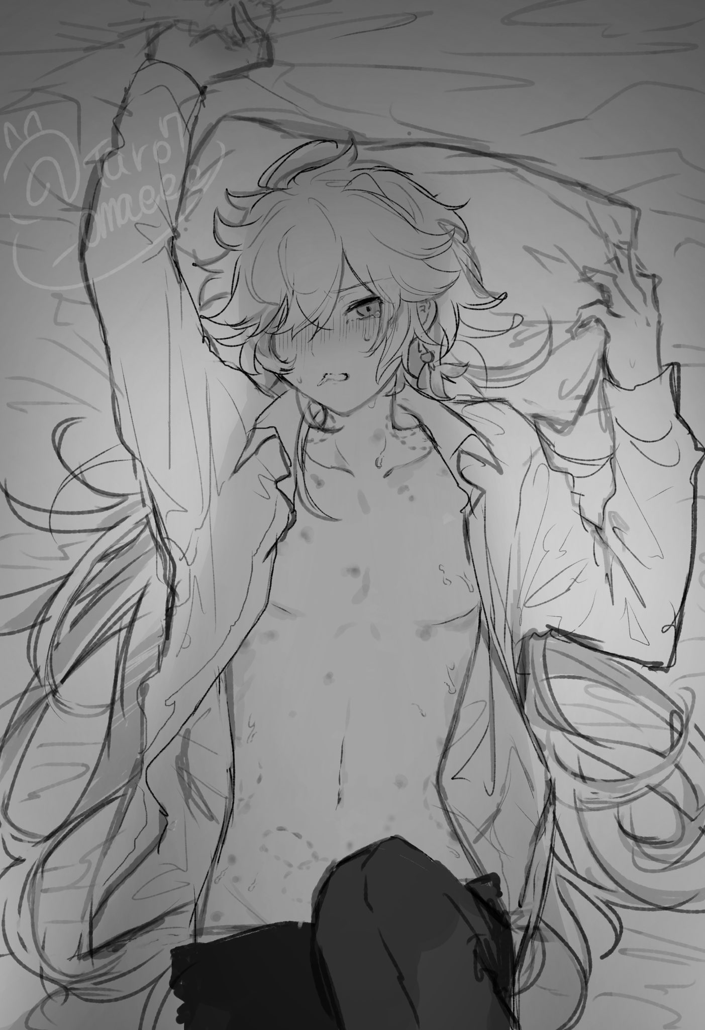 1boy, aether (genshin impact), black and white, blush, genshin impact, kaedehara kazuha, male, male only, sketch, solo, taro7 omaeee, yaoi