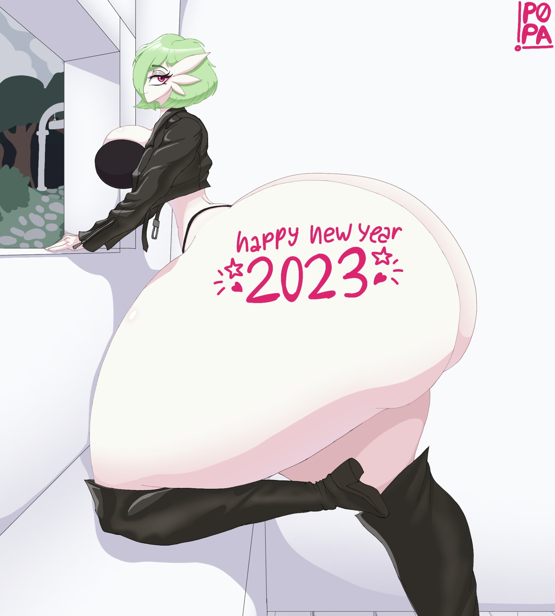 1girls, ass, bare ass, bare legs, bare thighs, big ass, big butt, bottomless, bubble ass, bubble butt, fat ass, female, female focus, female only, gardevoir, green hair, huge ass, huge butt, huge thighs, hyper, hyper ass, hyper butt, hyper thighs, isabelle (popa), massive ass, nintendo, pokemon, pokemon (species), popa nsfw, round ass, short hair, side view, smile, solo, thick ass, thick thighs, thong, wide hips