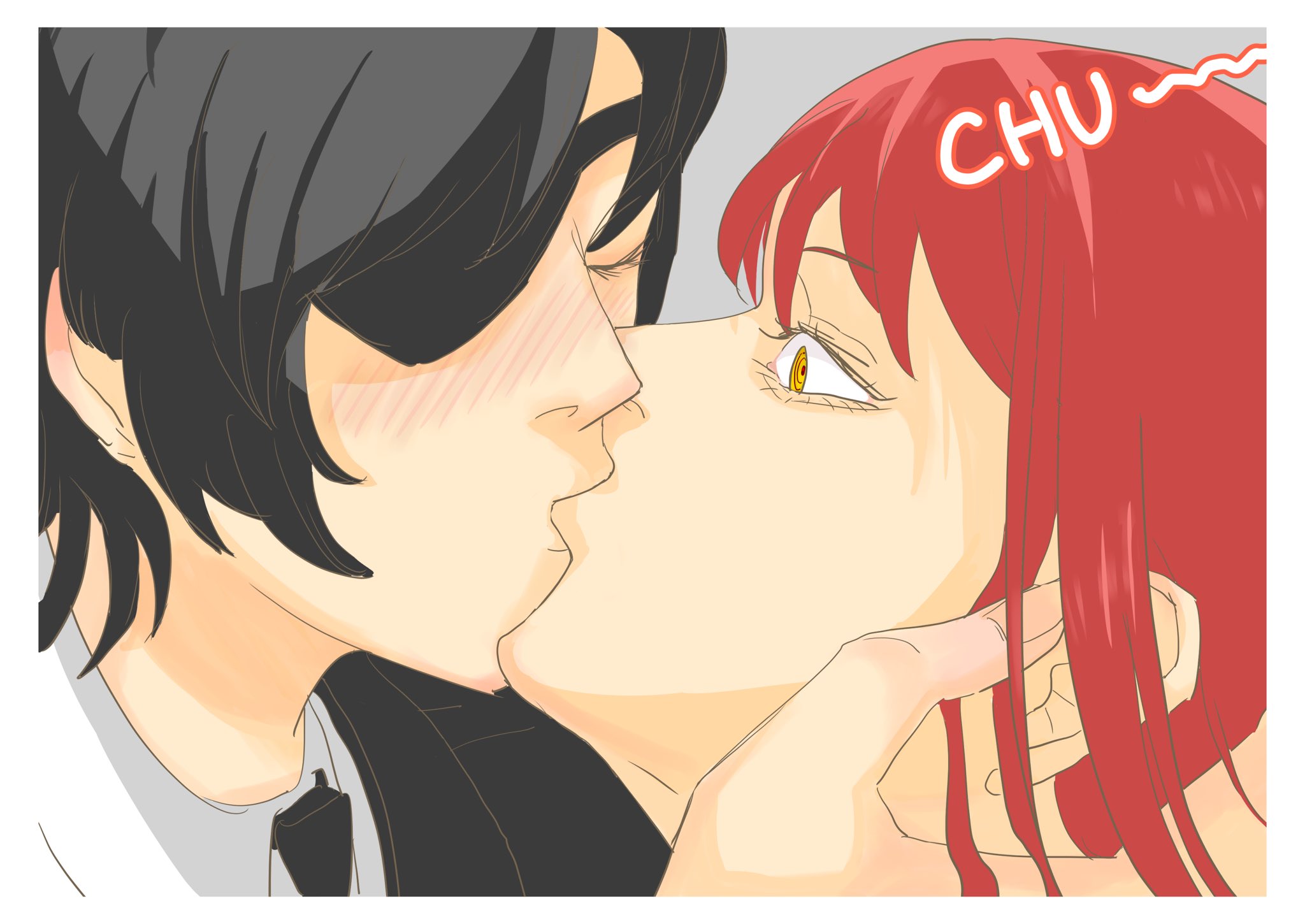 2girls, blush, chainsaw man, close-up, clothed, clothing, drunk, eyepatch, female, female only, head grab, himeno (chainsaw man), kissing, makima (chainsaw man), making out, okitaart, red hair, redraw, reward, yellow eyes, yuri