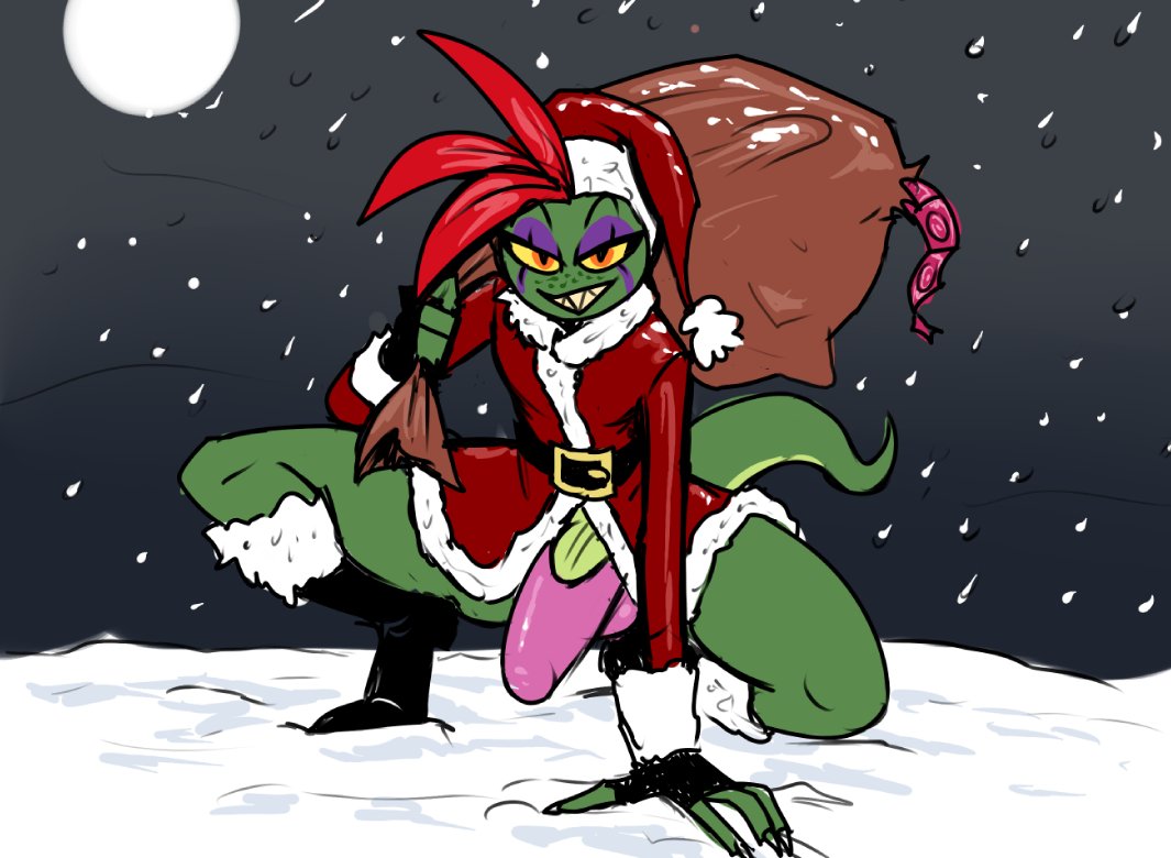 anthro ash_(g-h-) bedroom_eyes bulge christmas christmas_clothing christmas_headwear clothed clothing condom condom_wrapper costume crouching erection erection_under_clothing fingerless_gloves freckles gecko genitals ghastlygh girly gloves green_body green_scales hair half-closed_eyes handwear hat headgear headwear holidays humanoid_genitalia humanoid_penis lizard male male_only narrowed_eyes penis red_hair reptile santa_costume santa_hat scales scalie seductive sexual_barrier_device sharp_teeth smile smirk smug smug_face smug_grin snow solo teeth thong underwear vein veiny_penis