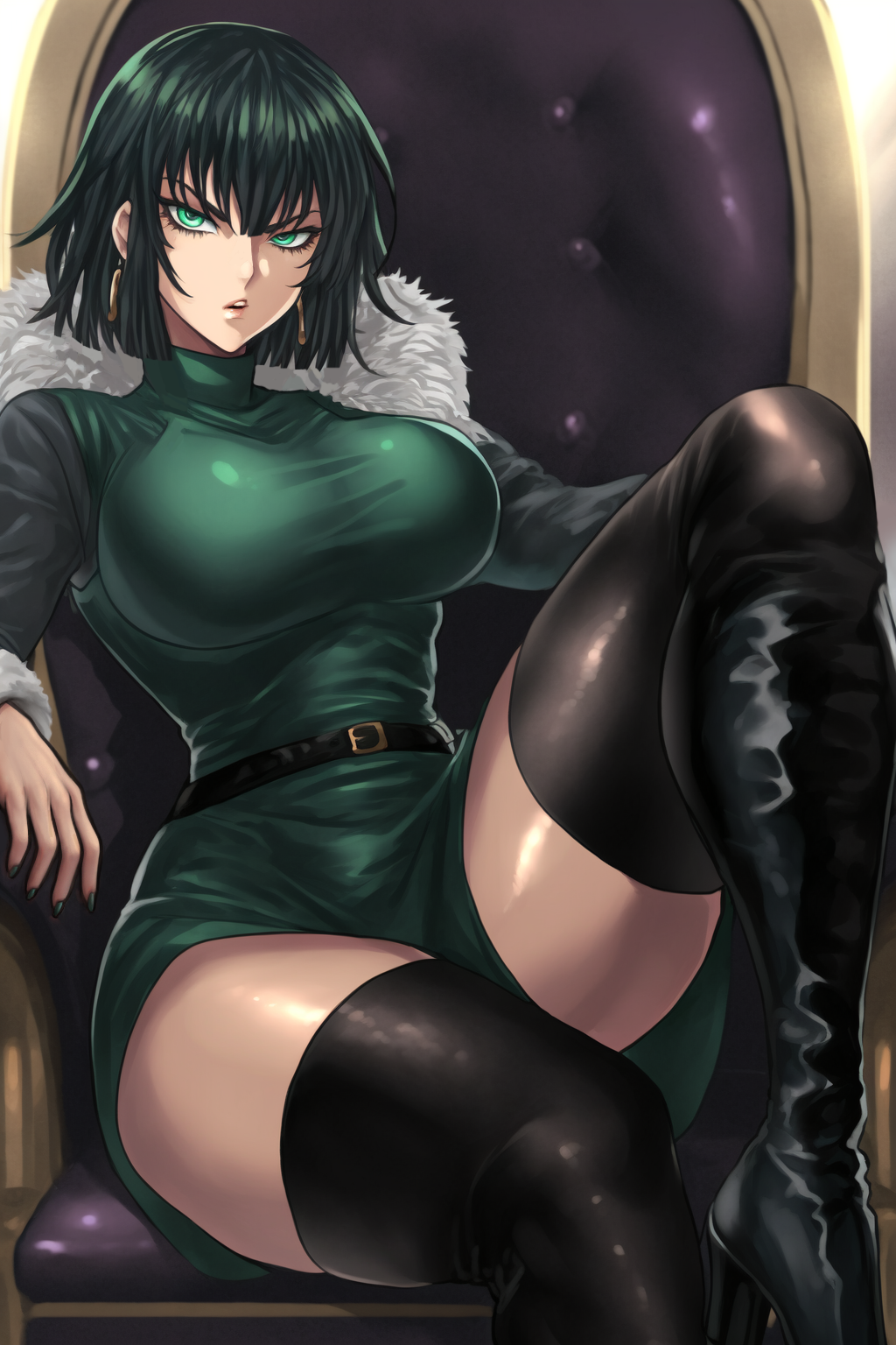 1girls angry angry_face bangs big_breasts black_boots boots breasts busty clothed clothing coat curvaceous curvy curvy_body curvy_female curvy_figure dark_green_hair dress earrings eye_contact eyelashes female female_focus female_only fringe fubuki_(one-punch_man) green_eyes green_hair heel_boots heels high_heel_boots high_heels highres hips hourglass_figure large_breasts leg_up legs light-skinned_female light_skin lips lipstick looking_at_viewer medium_hair one-punch_man open_mouth shirou short_hair sitting sitting_on_throne skirt slim slim_waist solo solo_female solo_focus thick_legs thick_thighs thigh_boots thighs thin_waist throne tight_clothing turtleneck upskirt voluptuous waist wide_hips