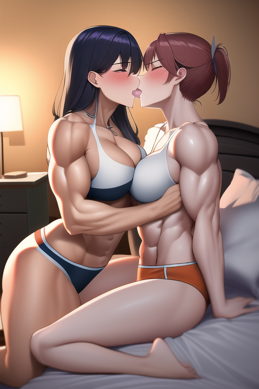 2girls abs ai_generated bed bedroom big_breasts blue_hair blush breasts_to_breasts eyes_closed eyes_semi-closed female female_only french_kiss ginger_hair kissing lesbian muscular muscular_female sensual tongue tongue_kiss tongue_out woman yuri