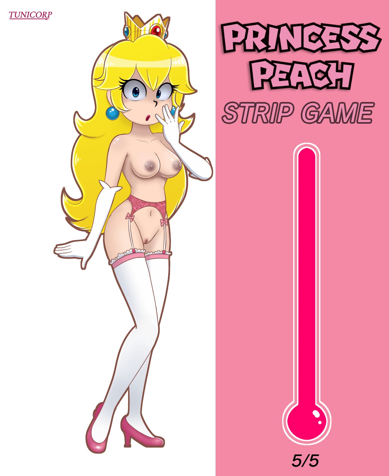 1girls armwear bare_chest blonde_hair blue_eyes breasts crown earrings english_text female garter_straps heels legwear light-skinned_female light_skin lipstick long_hair mario_(series) naked nintendo nipples nude princess princess_peach pussy solo solo_female strip_game super_mario_bros. text tunicorp white_and_pink_background